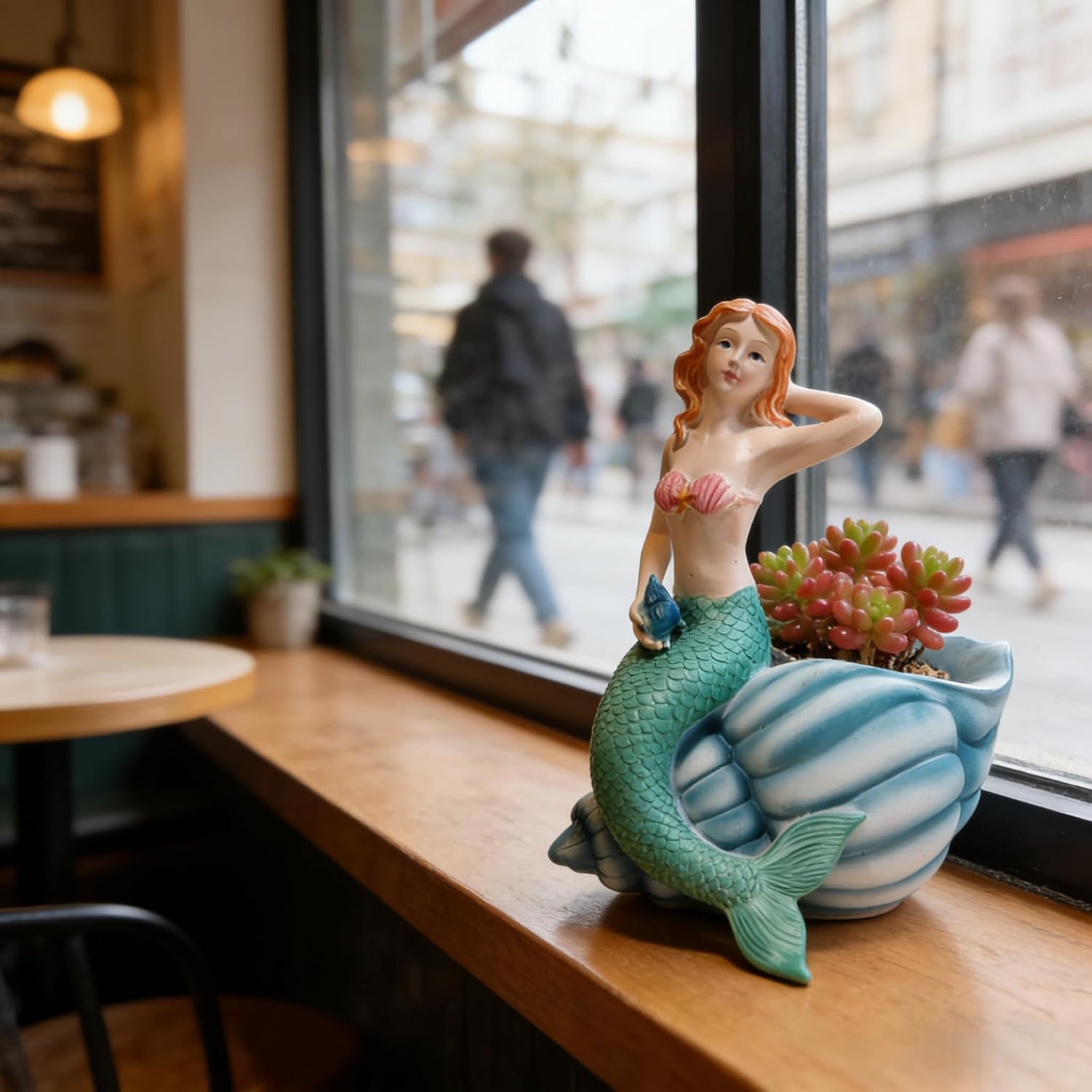 Mermaid Resin Planter Statue, Conch Base Succulent Flower Pot for Home Garden Nautical Decor (Blue)