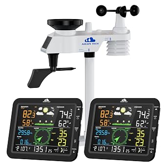Wireless Weather Station with Dual Displays, Outdoor Sensor, Rain Gauge, Wind Speed, Atomic Clock, Indoor Temperature/Humidity, Barometric Pressure, and More No WiFi.
