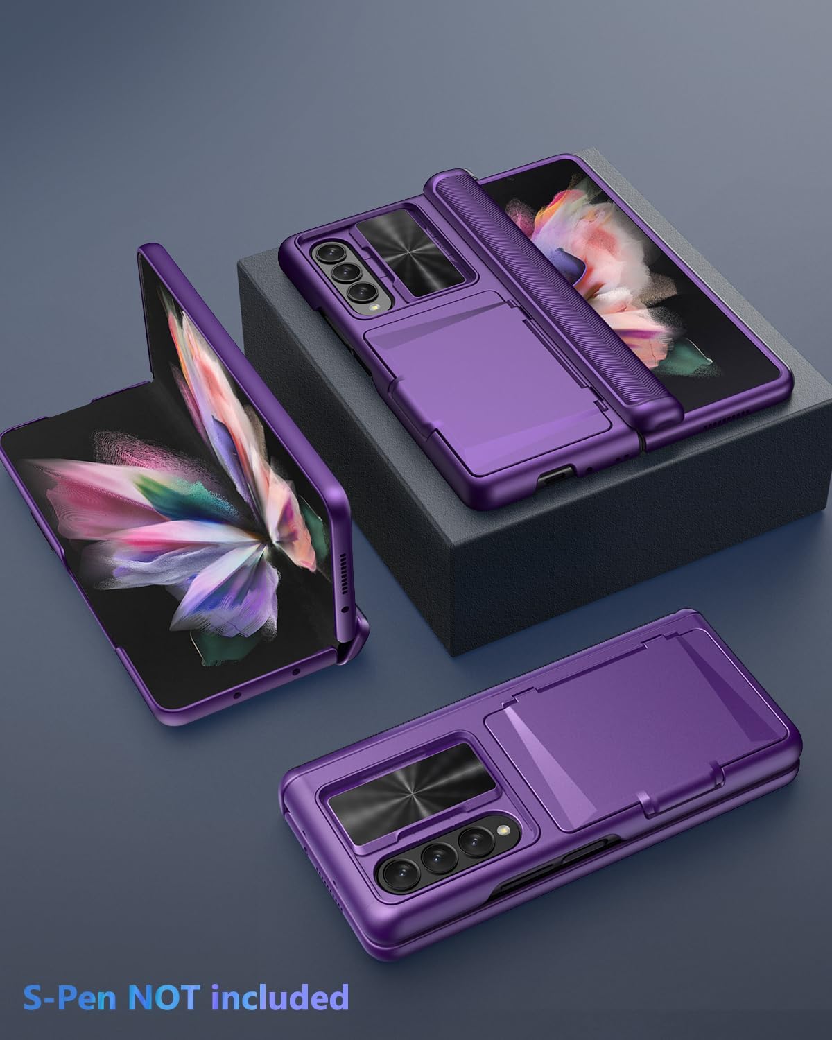 Viaotaily for Samsung Galaxy Z Fold 3 Case with Card Holder & Slide Camera Cover, Built-in Screen Protector & Hinge Protection, Shockproof Durable Wallet Phone Case for Galaxy Z Fold 3, Dark Purple