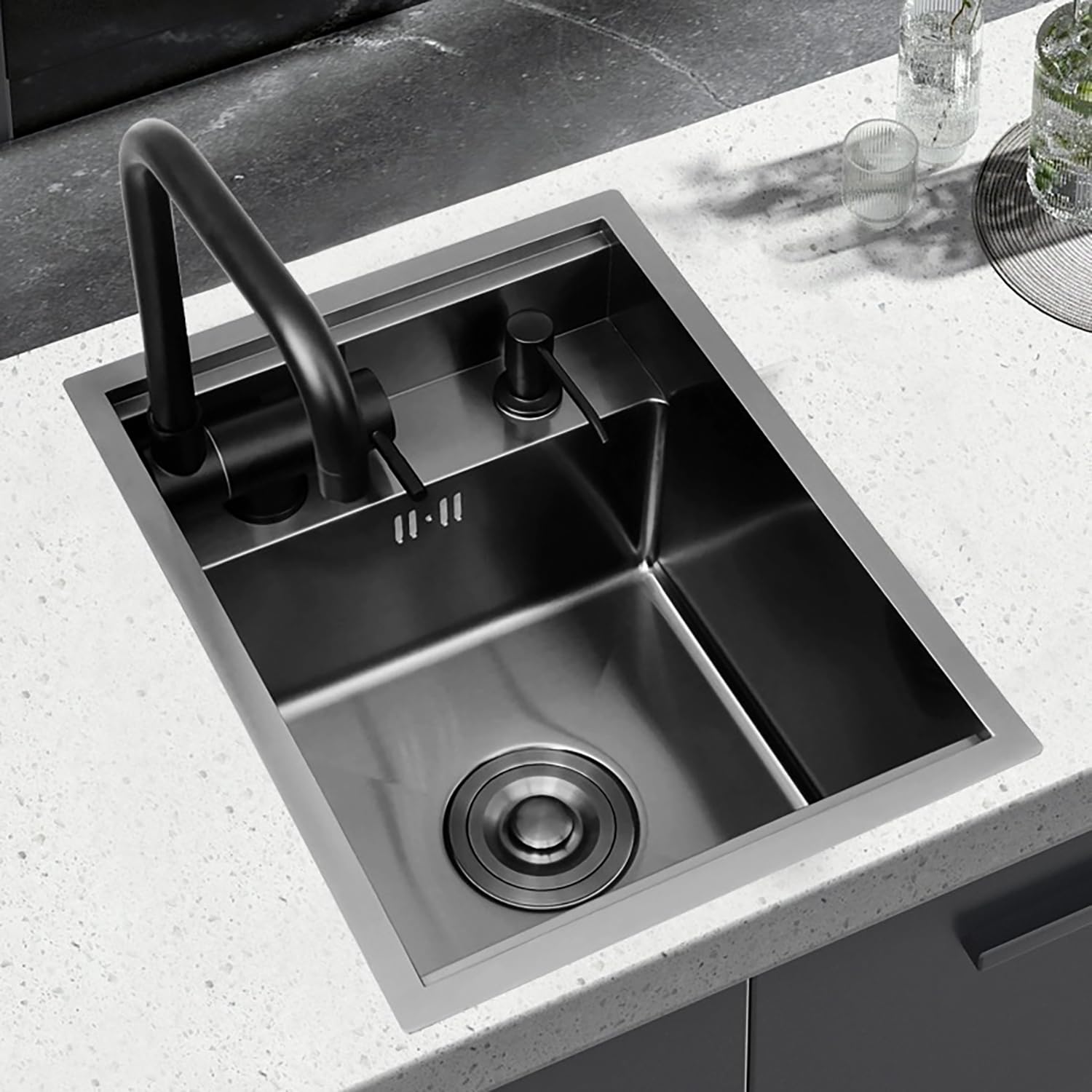 ZQFHSX Compact Black Stainless Steel Kitchen Sink with Folding Faucet Multifunctional Drop In Hidden Design Mini Undermount Cover 30CM x 45CM 22CM