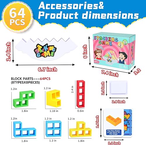 Miniatura 2 de Juego de apilamiento de 64 piezas para adultos y niños, juegos de torre de mesa Tetra para fiesta de viaje familiar, 2 jugadores de equilibrio