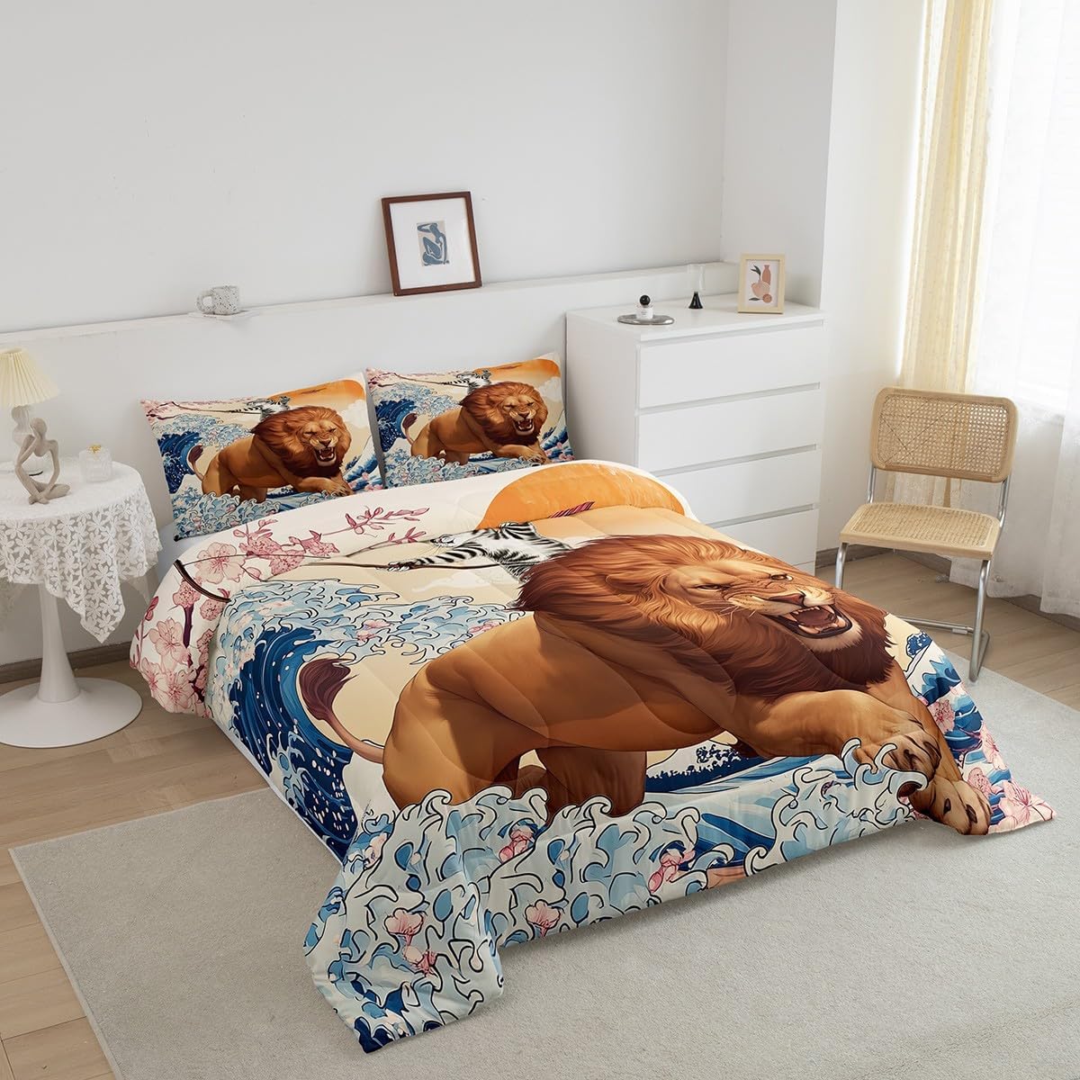 Japanese Twin Bedding Sets Funny Cat Riding Lion Comforter Set, Cool Novelty Wildlife Bedding Comforter Sets for Kids Child Ukiyo-E Sun Ocean Wave Duvet Insert, Cherry Blossoms Down Comforter image 3