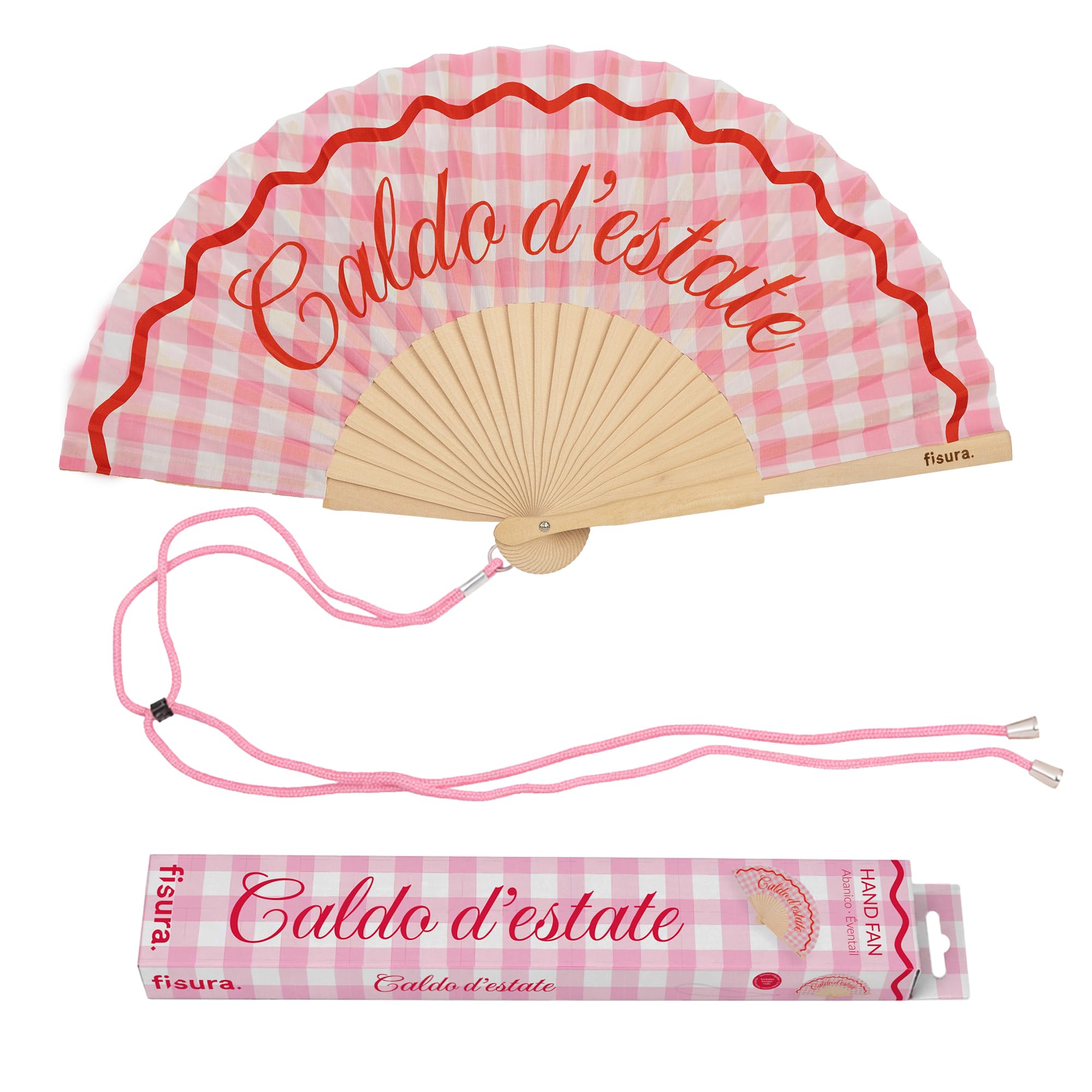 Fisura – Ventaglio originale con messaggio “Caldo d'estate”. Accessorio pieghevole in legno con motivo quadri rosa, ventilatore manuale leggero per spiaggia o festival. Laccetto incluso 42,5 x 23 cm