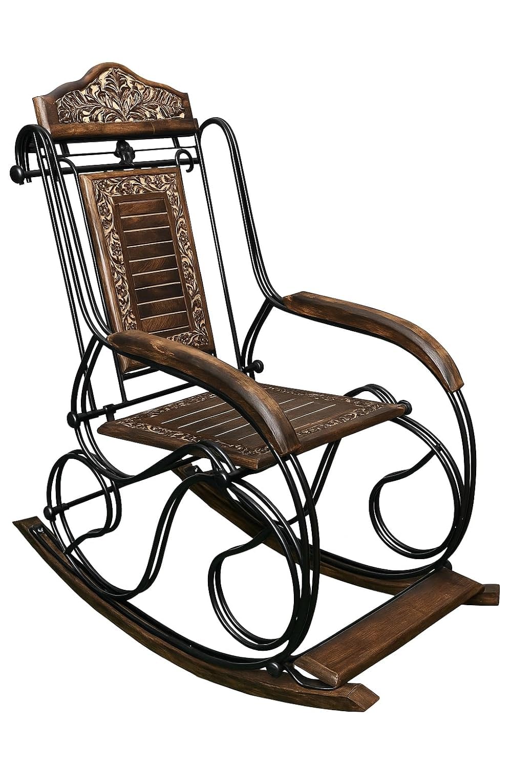 ZS Collection Wooden & Iron Rocking Chair for Living Room | Handcrafted Designer Rocker with Carved Backrest | Antique Finish Relaxing Chair for Home, Balcony & Bedroom-image-25