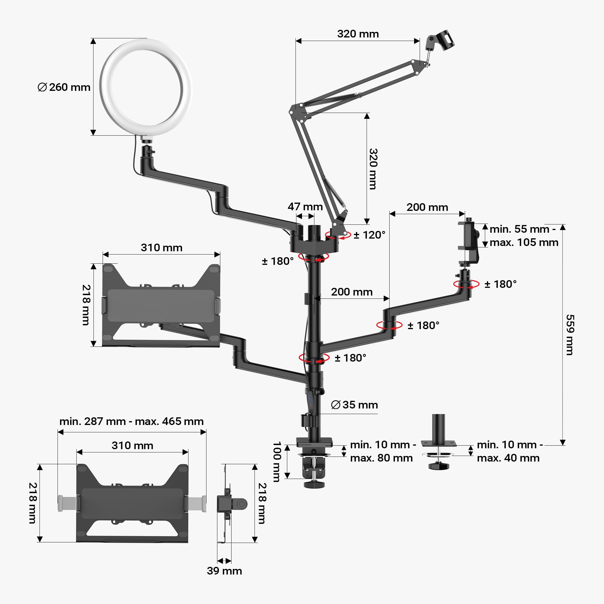 Wiltec 4 in 1 Tischstativ, Multifunktionales Kamera Stativ mit Tischklemme, Ringlicht mit Stativ 3 Farbmodi, Mobile Halterung für Streaming Setup