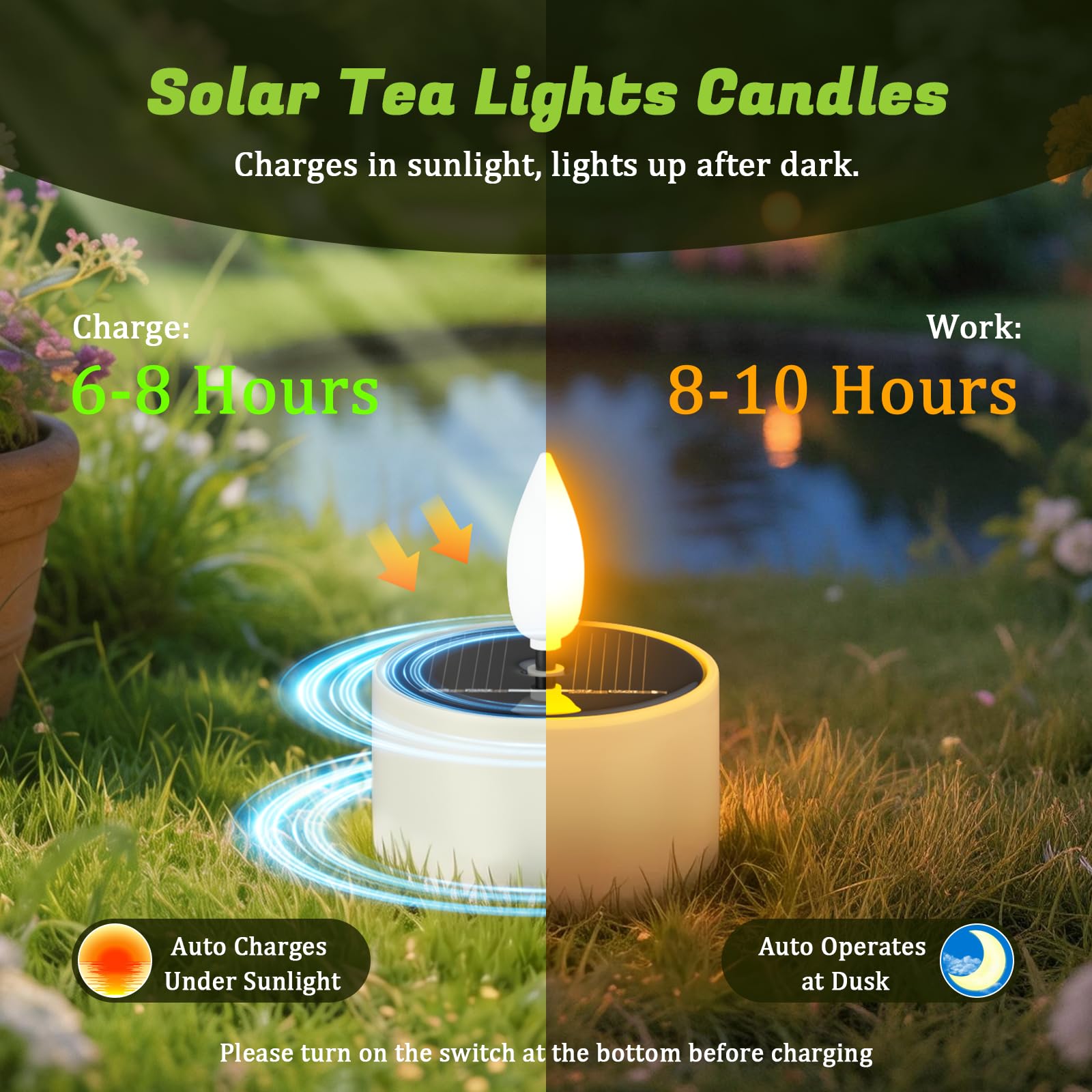 PChero 12er Set Solar Teelichter für Außen, LED Flackernd Solar Kerzen Outdoor Wasserdicht, Aufladbare Teelichter Solarkerzen mit Dusk to Dawn Sensor für Garten Terrassen Balkon Laterne Grab Deko