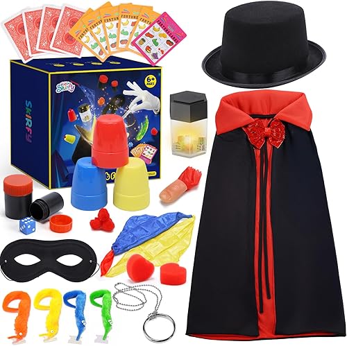 Skirfy Kit de mago, disfraz de mago para juegos de simulación, trucos de magia para niños de 6 a 8 años, juego de magia para principiantes, regalo