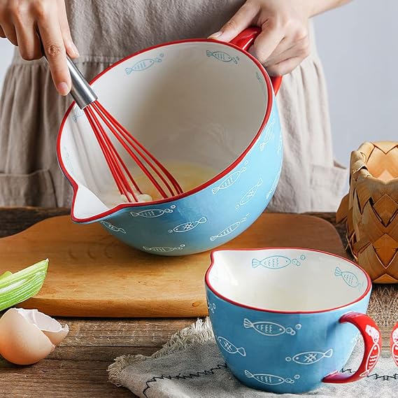 Gaolinci Blue Fish Pattern Kitchen Ceramic Mixing Bowl, 0.5 Quart Large Bowl, with Pouring Spout and Handle