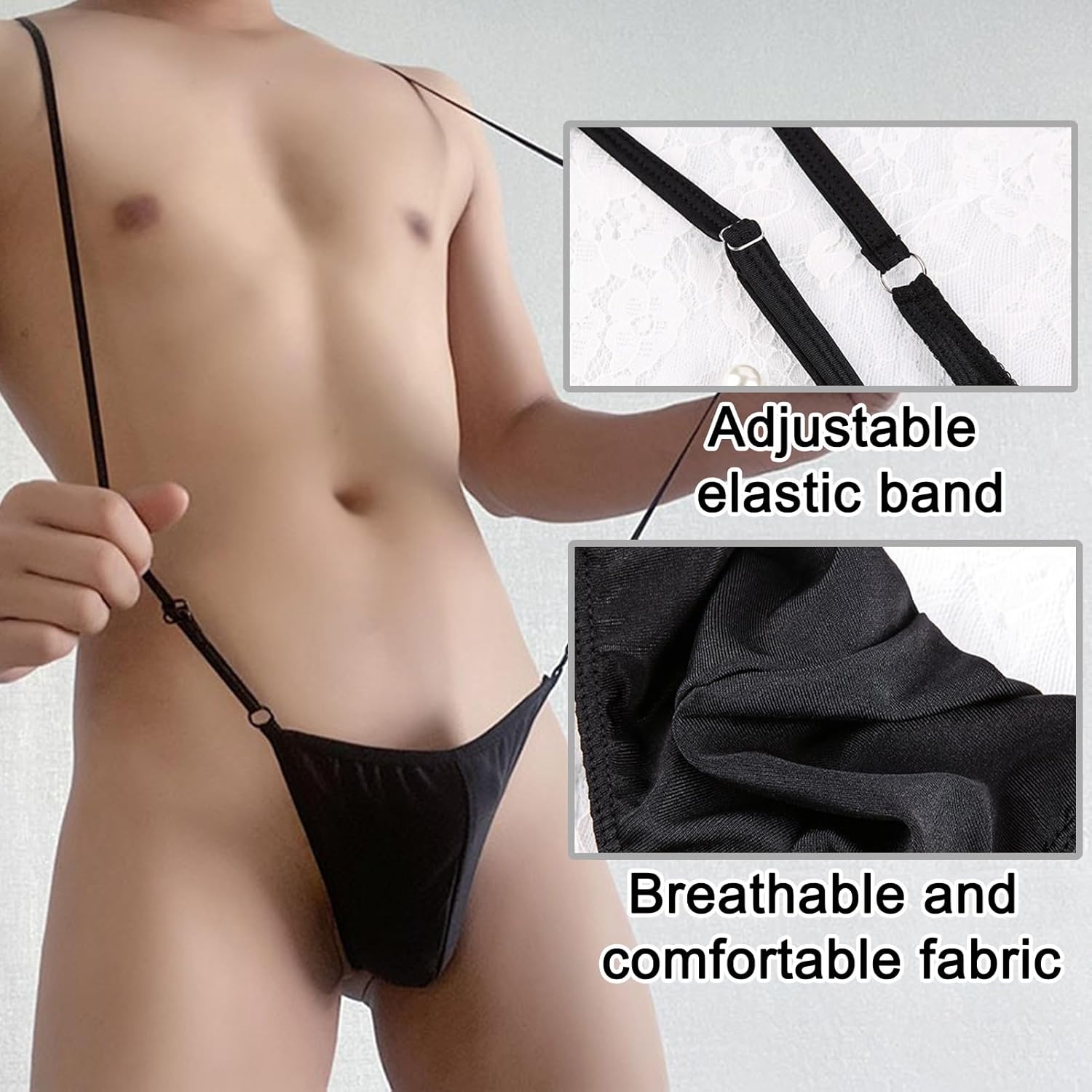 2Pcs Mens Sexy Bodysuit Strap Thong V Sling Stretch Jockstrap Adjustable Strap Underwear Mankini Men's Sexy Mankini Costume Suspender Swimsuit Swimwear Thong Underwear(Black, White) - Image 3