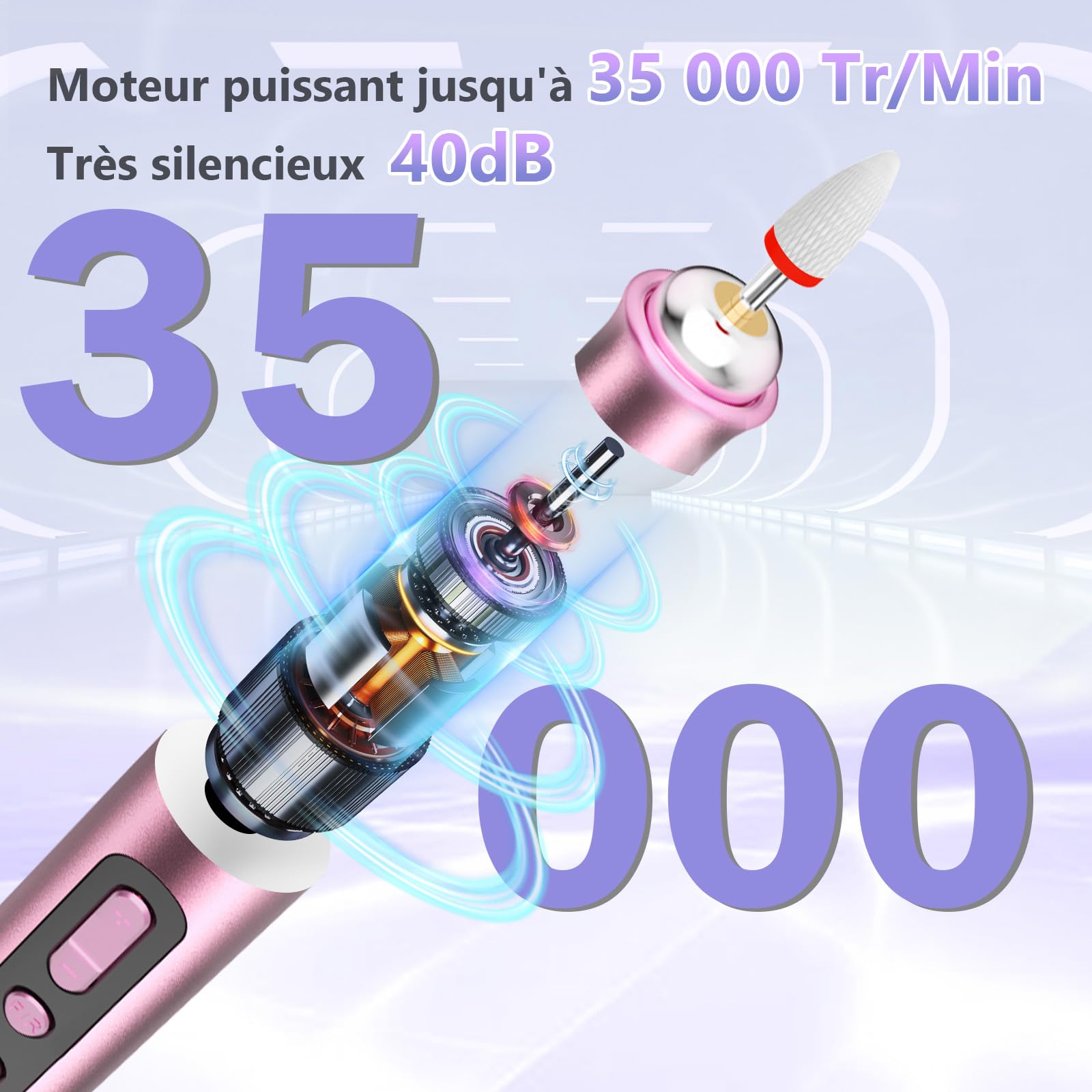 Ponceuse pour ongles électrique professionnelle 35000 tr/min sans fil – Lime à ongles électrique pour gel & acrylique, manucure & pédicure, écran LCD, USB-C, 12 embouts + 36 bandes