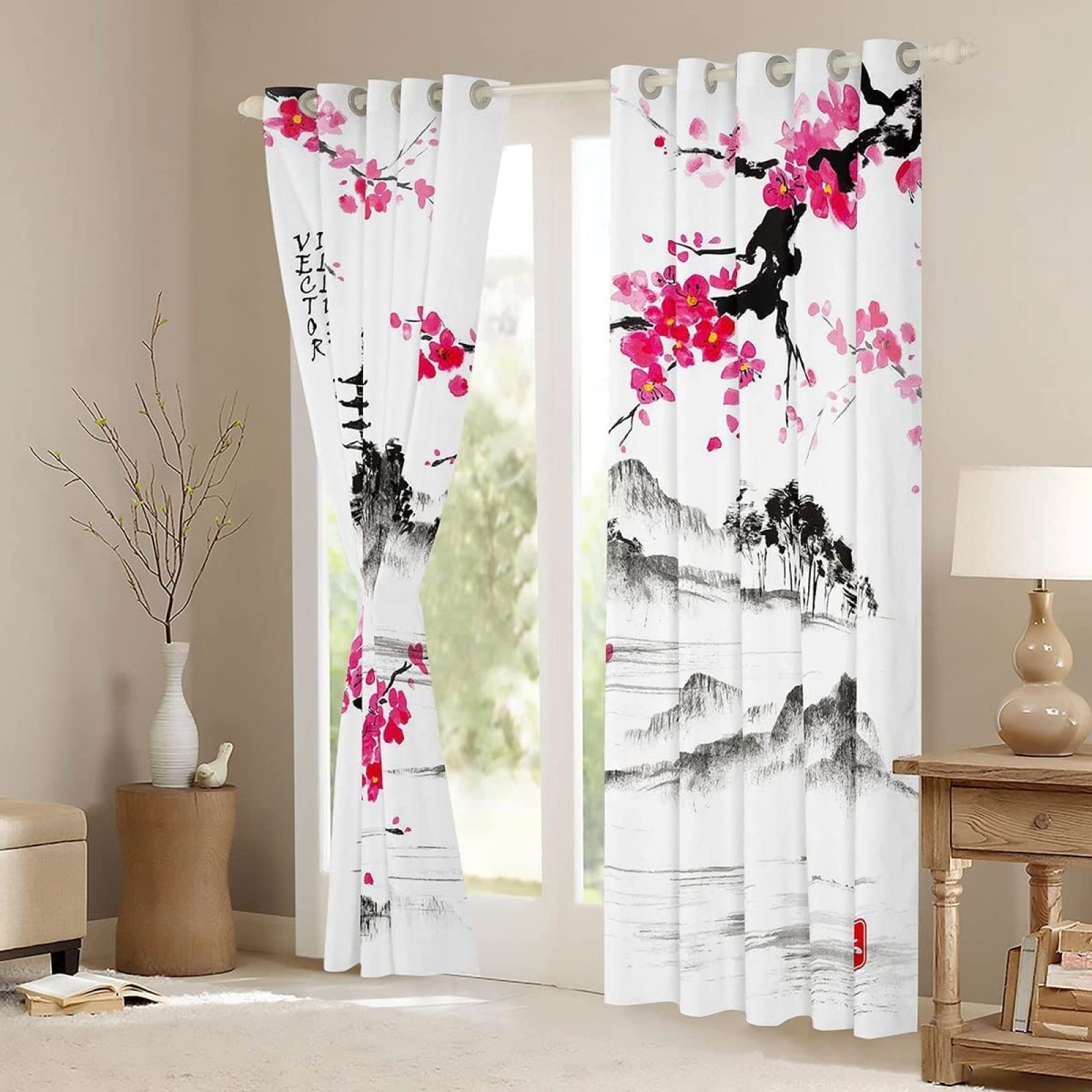 Rideau Occultant 3D La Floraison des Cerisiers Japonais, Rideaux Polyester pour Adultes Enfants, Rideau Thermique Isolant Anti Froid pour Chambre à Coucher et Salon 2X L117cm x H230cm