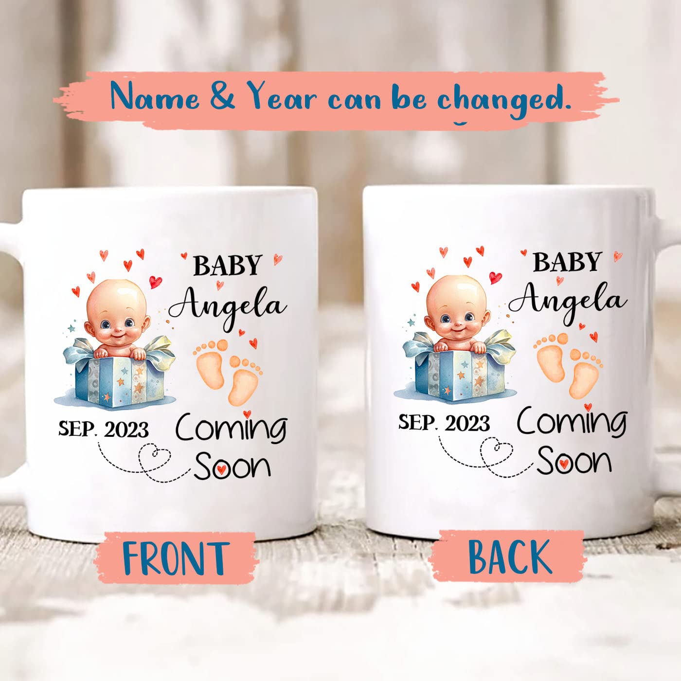 Personalized Baby Coming Soon Coffee Mug With Name & Year, Customized Baby Coming Soon White Ceramic Mug Gift, Unique Pregnancy Announcement Coffee Cup Gifts For Dad Grandparent Uncle Aunt, Daddy Mug