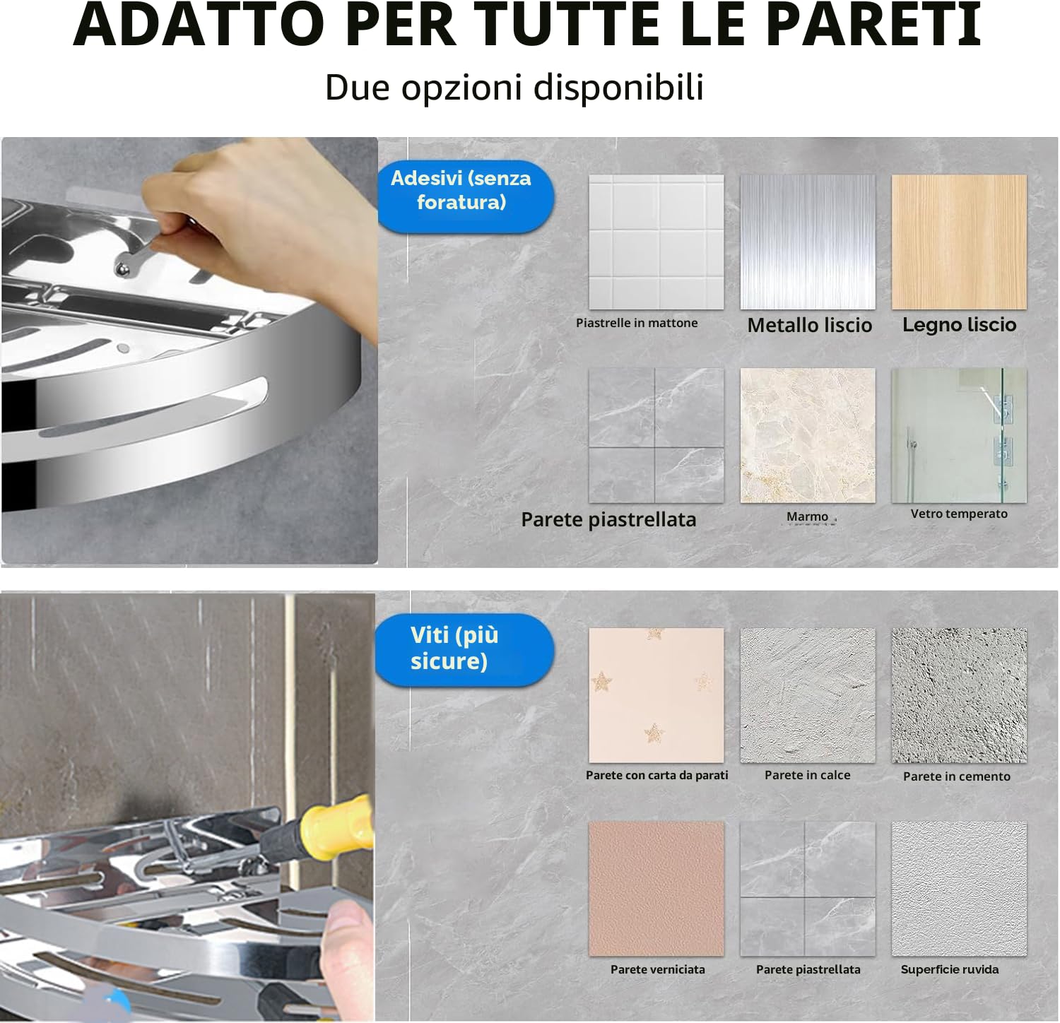 Mensola Doccia Senza Foratura 2 Pezzi,Mensola Bagno in Acciaio inox con 4 Ganci per Doccia,Porta Sapone Doccia Adesiva Portaoggetti,Mensola Doccia Angolare Per Bagno Cucina (Argento)