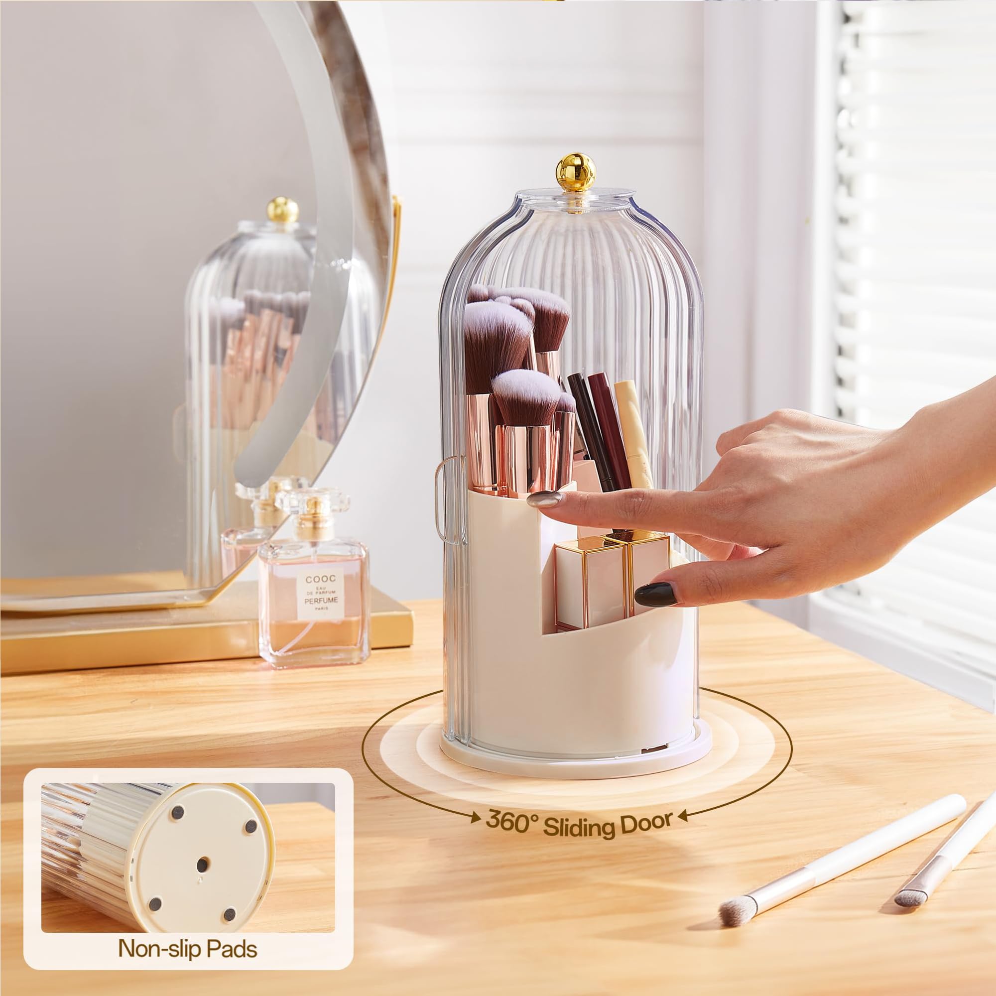 STORICANS Makeup Brush Holder Rotating Organiser with Clear Lid,Sliding Opening Dustproof Makeup Brush Case Make up Organizer Storage for Dressing Table Organiser,Vanity,White - Image 4