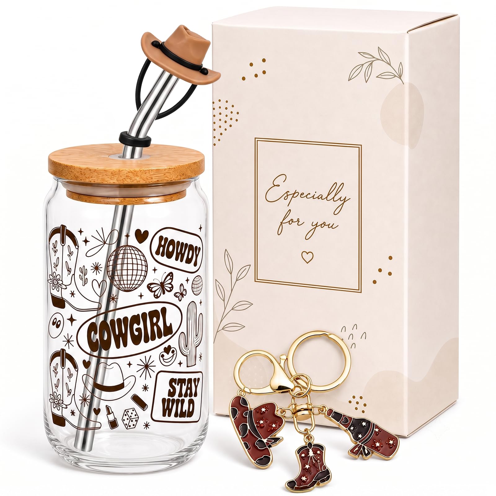 prezentz Cowgirl Gifts for Women 16oz Glass Cup and Western Keyring Set