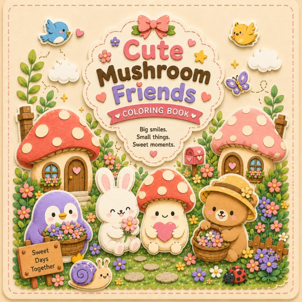 Cute Mushroom Friends Coloring Book: Adorable Mushroom Life, Tiny Animal Friends, Sweet Treats, and Dreamy Forest Adventures for Relaxing Fun