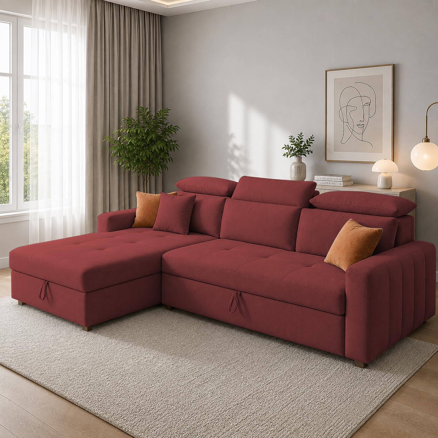 Casaliving Gagnon LHS 4 Seater L Shape Corner Sofa Cum Bed for Living Room with Storage (Maroon Fabric) Premium Fabric Sofa Cum Bed-picture-37