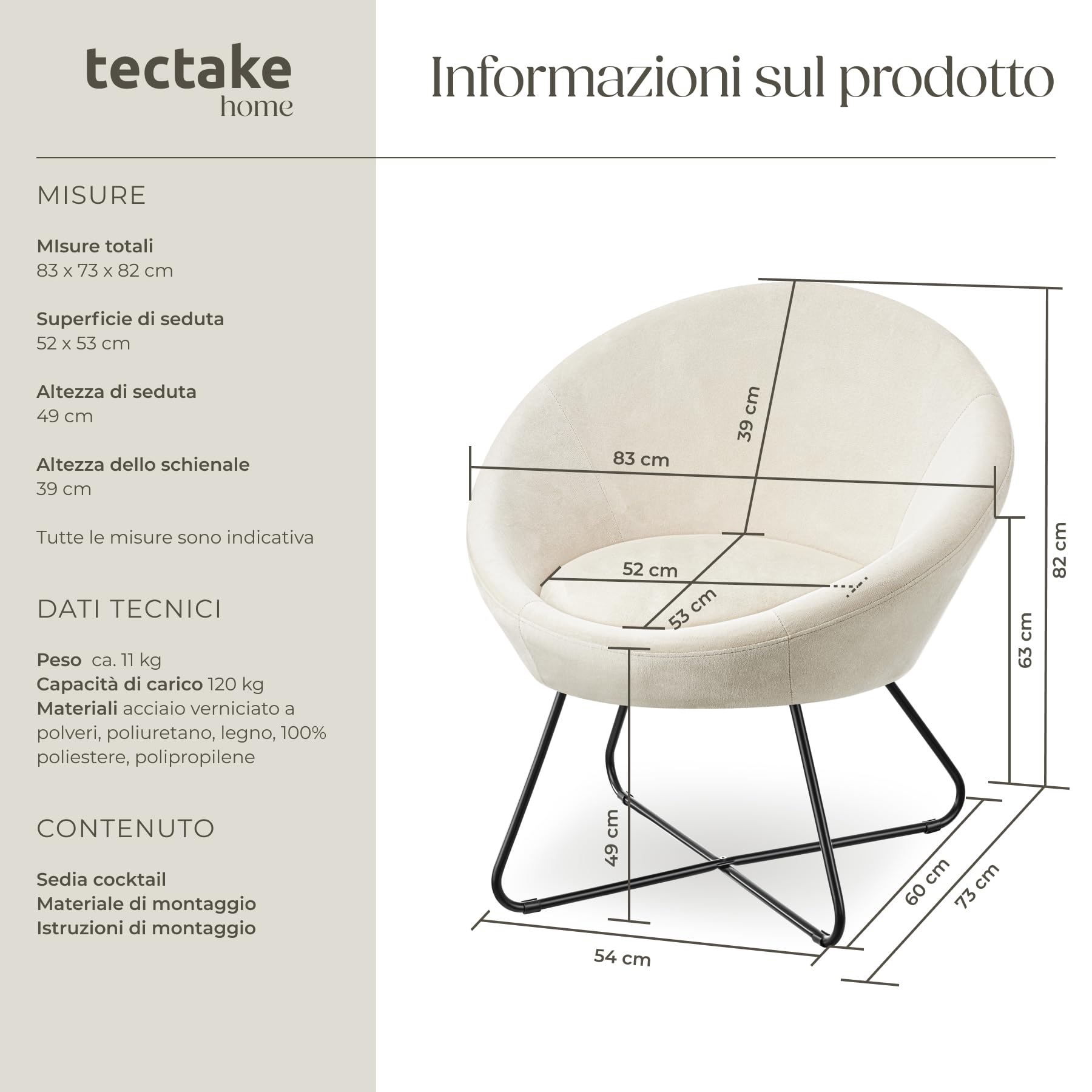 tectake® Poltrona Rotonda Imbottita, Stile Scandinavo, Comoda Sedia da Salotto con Schienale Continuo, Piedini Antiscivolo per Pavimenti, Struttura Verniciata a Polvere - Effetto Velluto Beige