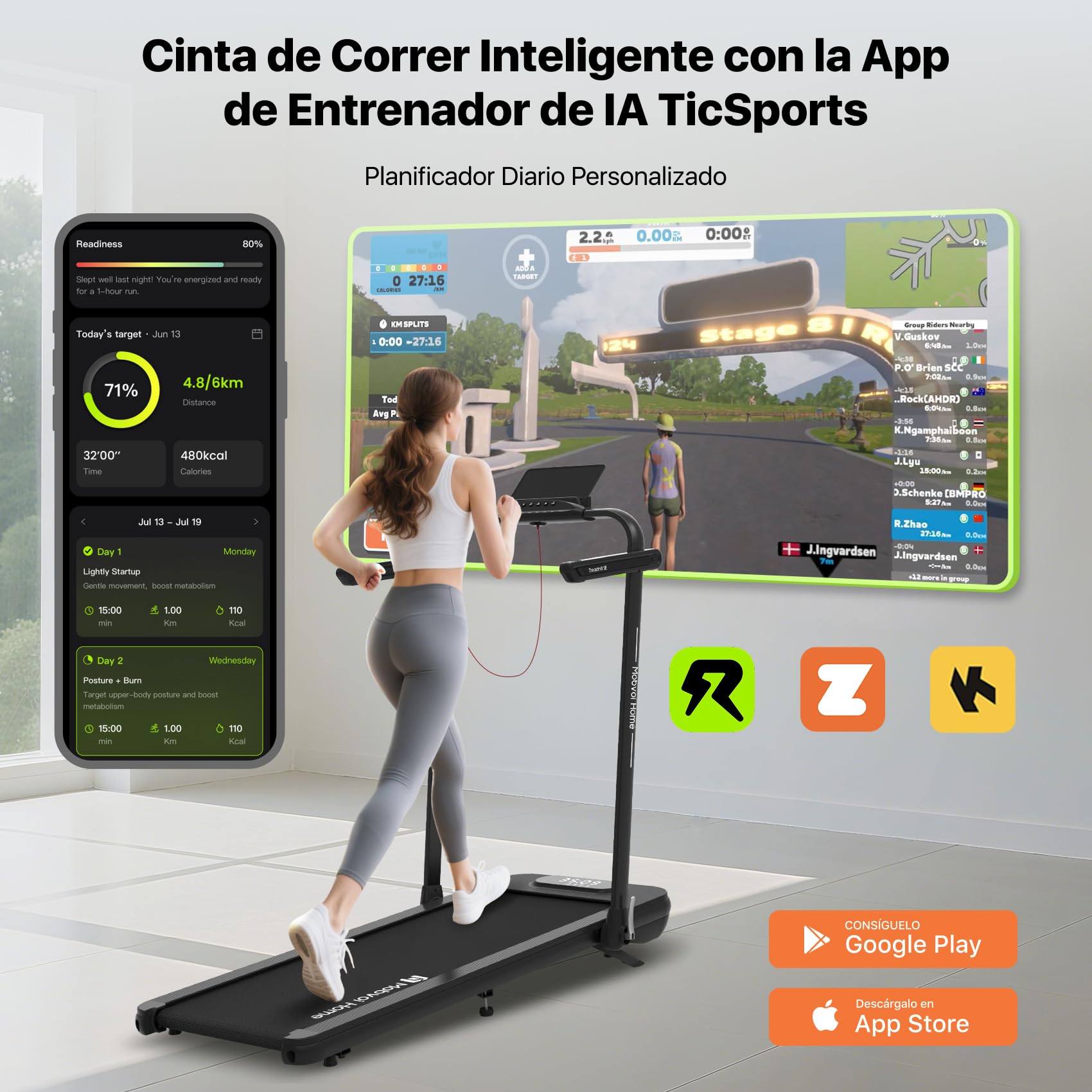 Mobvoi SE 3 en 1 - Smart IA con la App TicSports Cinta de Correr Plegable con Inclinación 6%, 2.5 HP, Portátil para Escritorio, Control Remoto y Pantalla LED