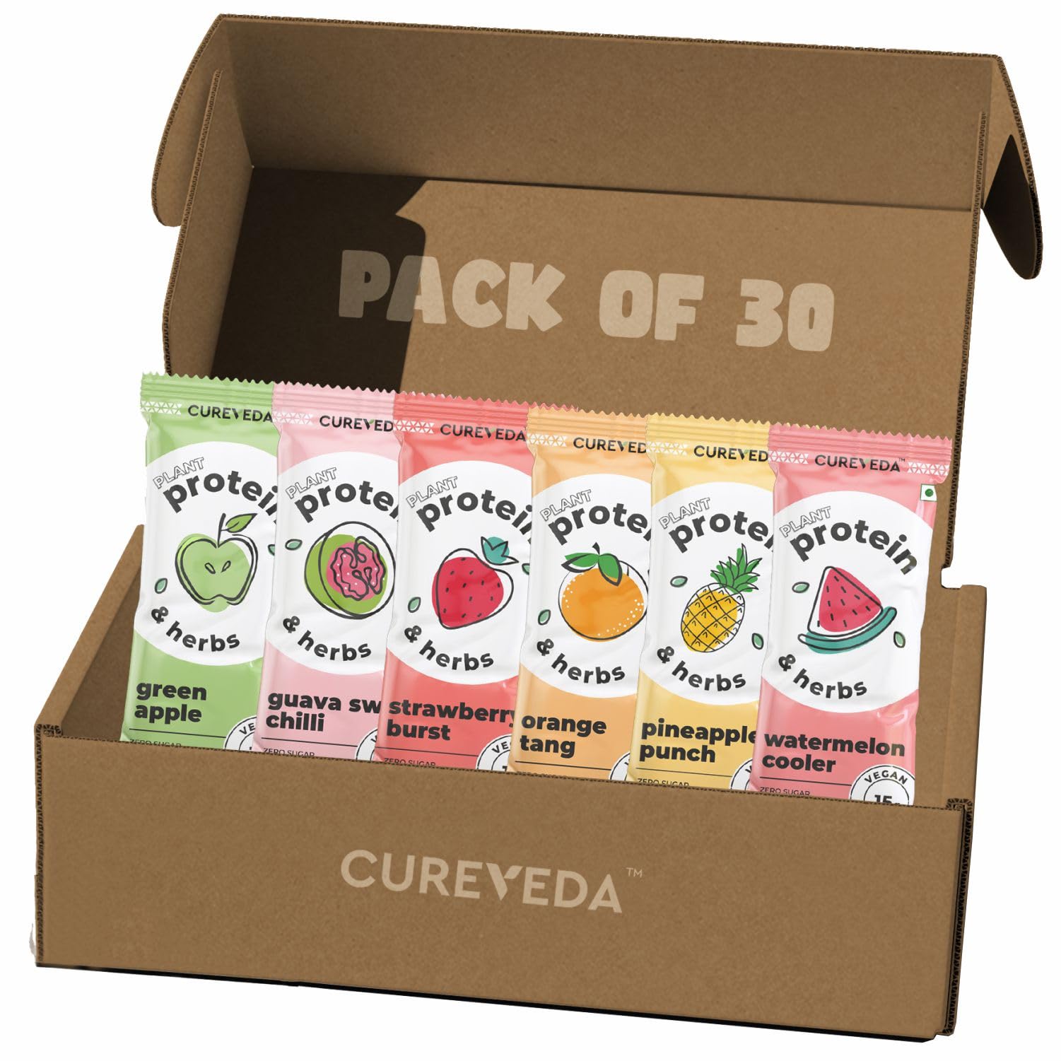 CurevedaPea Protein Isolate Powder with Herbs, Dairy Free, No Added Sugar, Orange, Pineapple, Watermelon, Guava, Green Apple, Strawberry, 6 Flavours x 3 Sachets, 23gm each, Pack Of 30