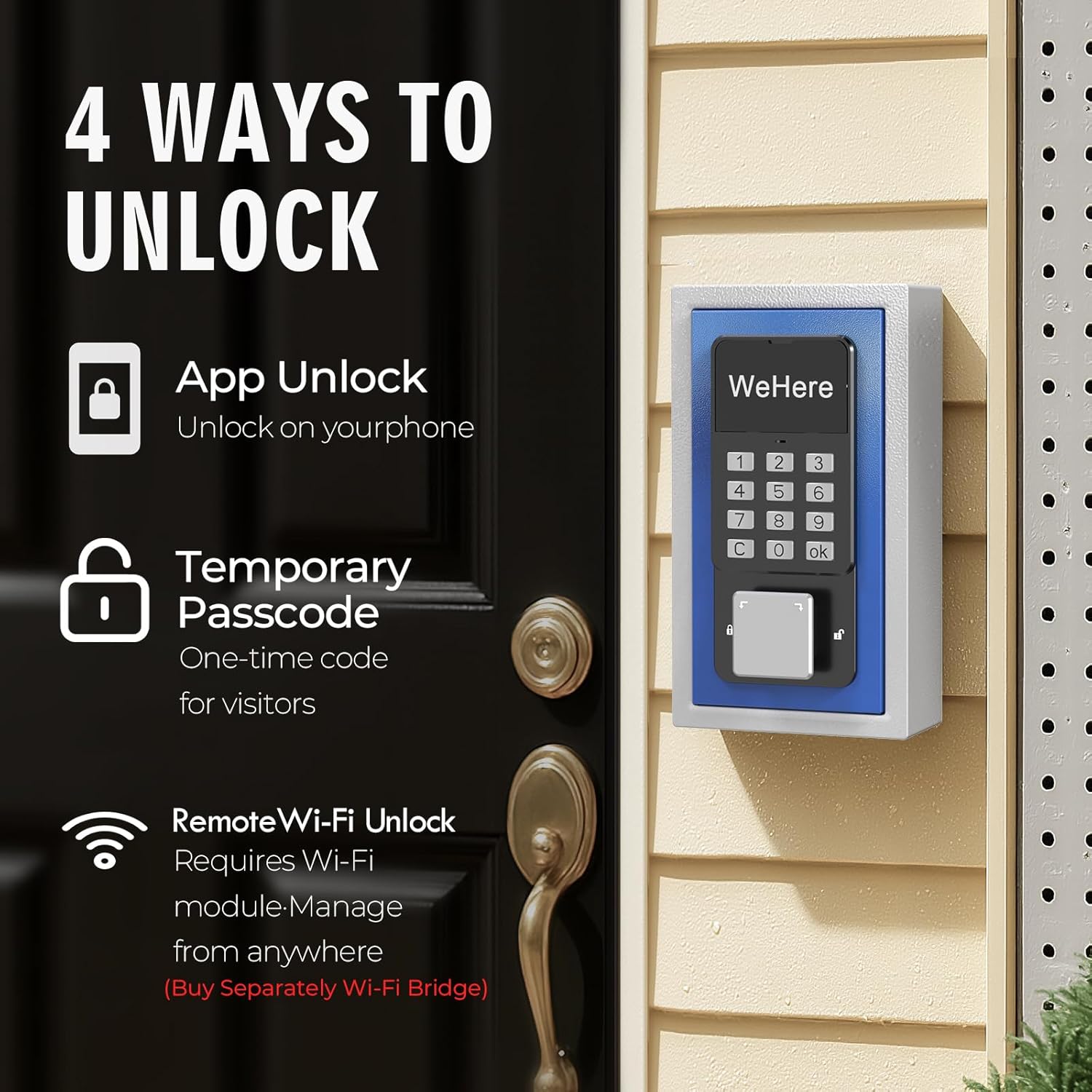 WeHere Smart Key Lock Box mounted on a wall next to a door, illustrating four ways to unlock.