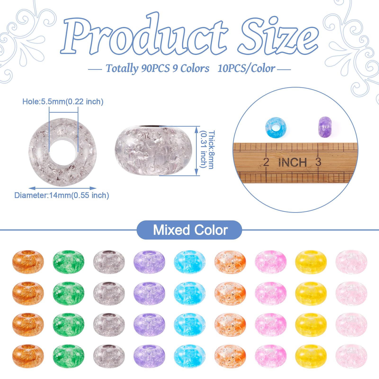 Spritewelry 90Pcs Crackle Acrylic Beads 5.5mm Large Hole European Beads Rondelle Crystal Loose Spacer Beads Charms for Bracelets Necklaces Jewelry Making 14x8mm - Image 2