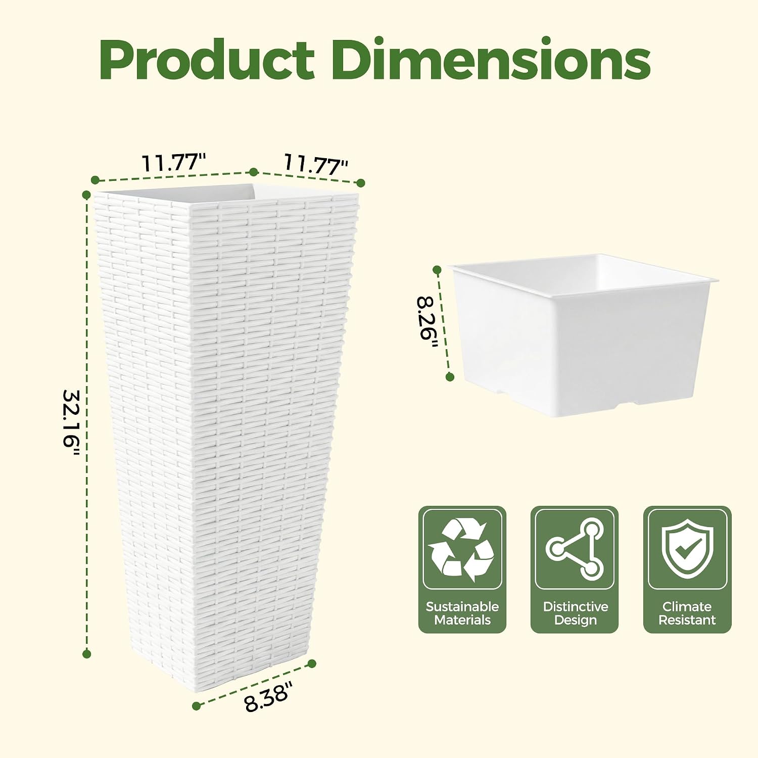2 Pack Large Planters for Indoor Plants, Outdoor 32 inch Tall Tree Planter with Drainage Holes, Plant Pots for Trees Flowers, All-Weather Use with Removable Insert Bucket for Porch, Patio, White