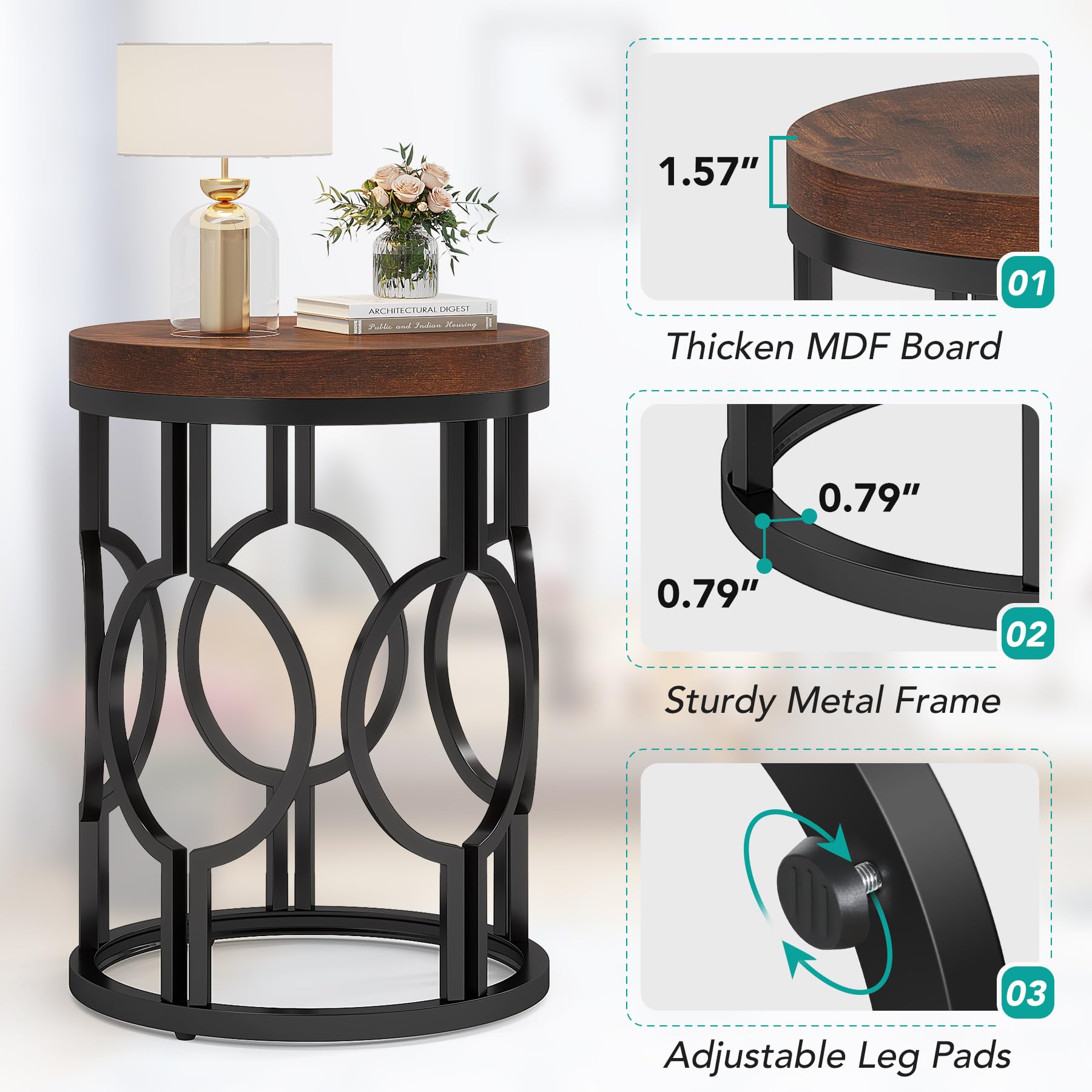 Tribesigns Round End Table, Industrial SideTable with Metal Hollow Frame, Small Bedside Table Nightstand for Living Room, Bedroom, Easy Assembly (Rustic Brown,1PC)