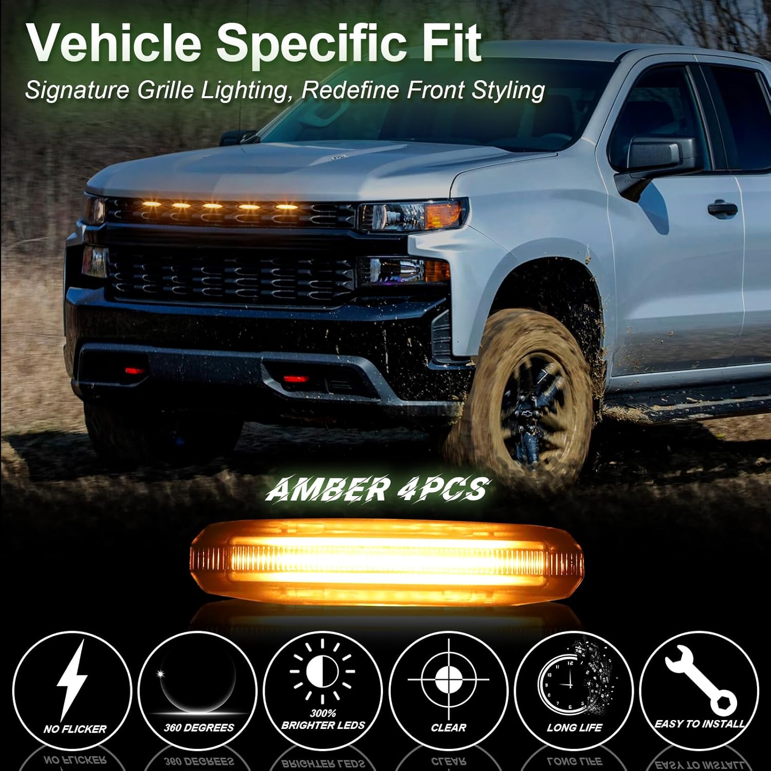 LED Front Grille Lights for 2019 Silverado 1500 Accessories 2020 2021 Grill Lights for Custom Trail Boss WT (Amber,5PCS)