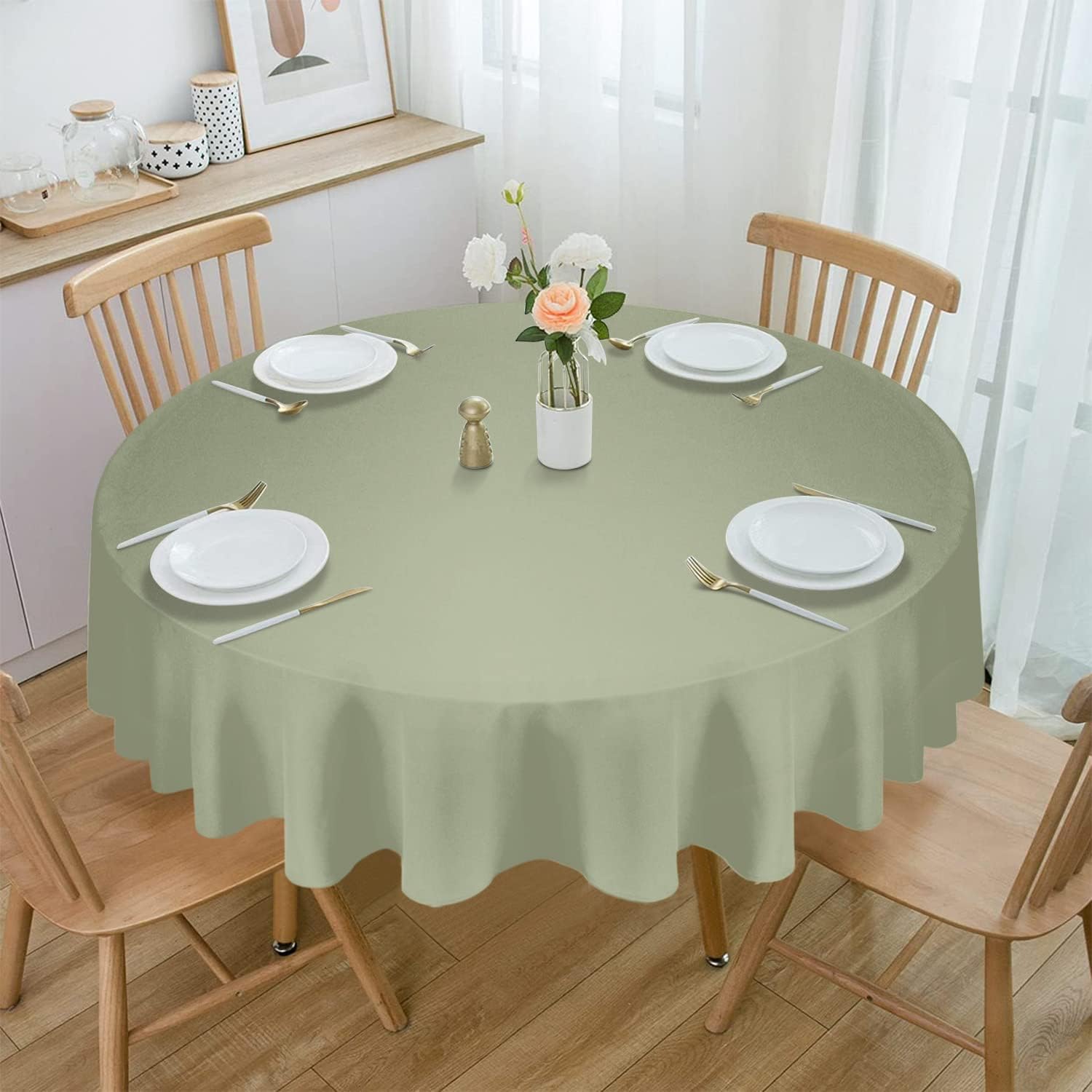 Sage Green Round Tablecloth 54 Inch Waterproof Fabric