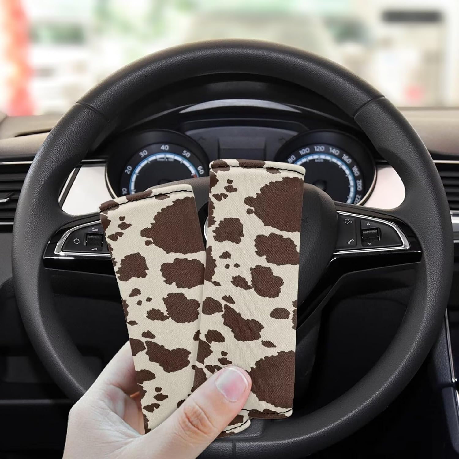 2 Pieces Brown Cow Print Car Grab Bar Cover, Car Roof Handle Bar Cover Soft Automotive Door Protector Seat Belt Cover Shoulder Pads Car Interior Accessories for Women Men