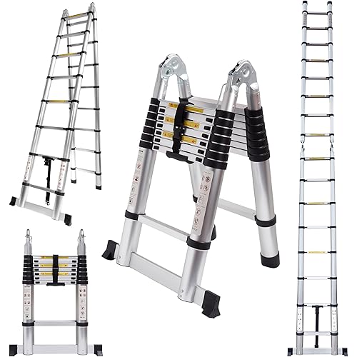 16.5 FT A-Frame Telescoping Ladder,8+8 Step Ladder,330LB Load Capacity,Portable Telescopic Folding Extension Ladder Heavy Duty Collapsible (Sliver, 5M(2.5m+2.5m)/16.5FT A Frame)