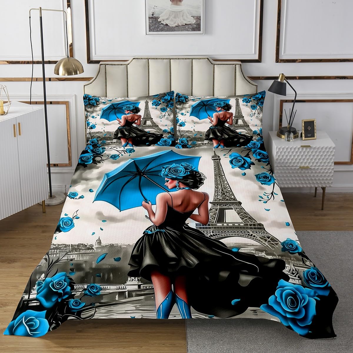 Erosebridal Eiffel Tower Bedspread Set Paris Blue Flower Quilt Set for Black Girls Room Decor,Romantic French Floral Coverlet Sets for Couple Lovers,King Quilted,Gray