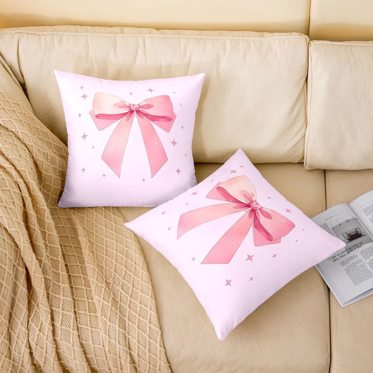 Erosebridal Gradient Ribbon Bow Set of 2 Throw Pillow Cover 20x20 Cute Pink Bowknot Cushion Cover Coquette Kawaii Cushion Case Anime Hand Drawn Art Decorative Pillowcase image 2