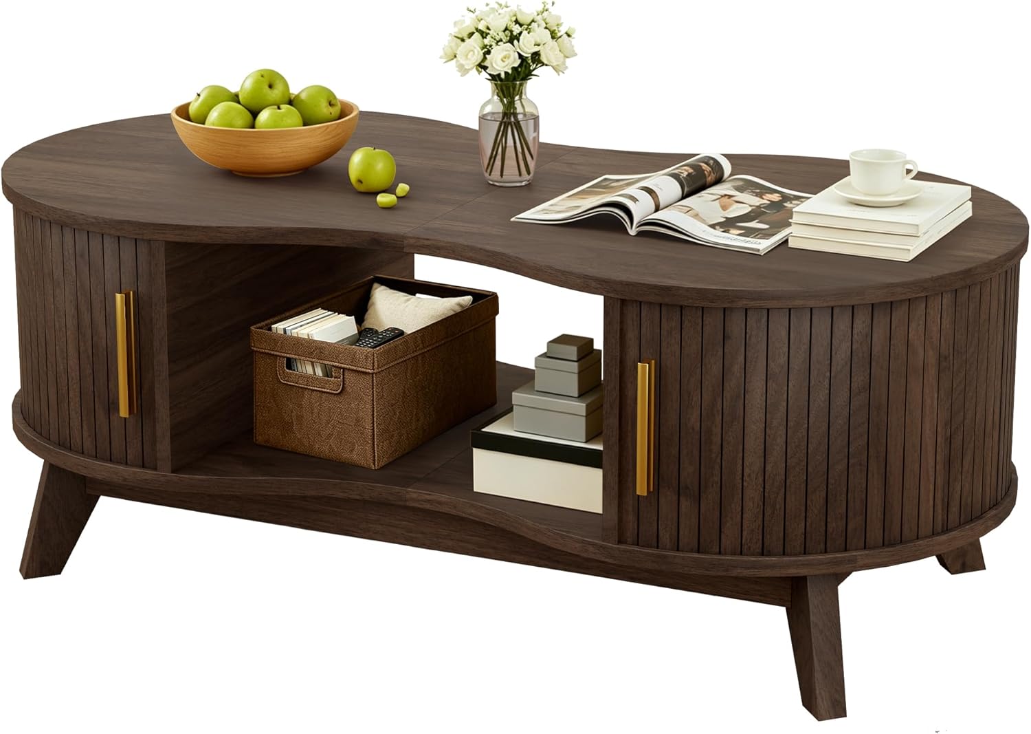 Coffee Table, Dual Oval Coffee Table with with Storage Cabinet and Sliding Tambour Door, 2-Tier Open Storage Shelf, Mid Century Modern Coffee Tables for Living Room, Walnut
