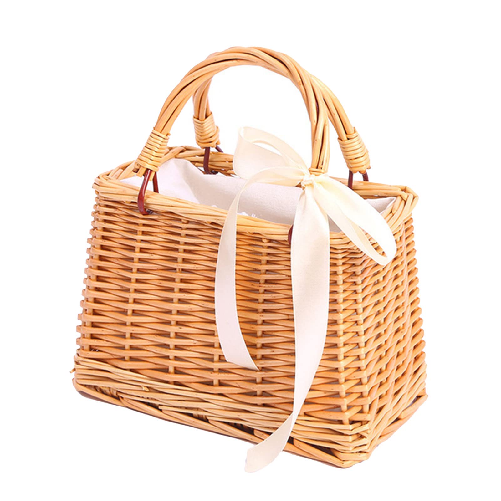 Cesto In Vimini Di Bambù – Borsa Intrecciata Rettangolare Con Fiocco, Elegante E Portatile Per La Spesa O Il Tempo Libero - 3