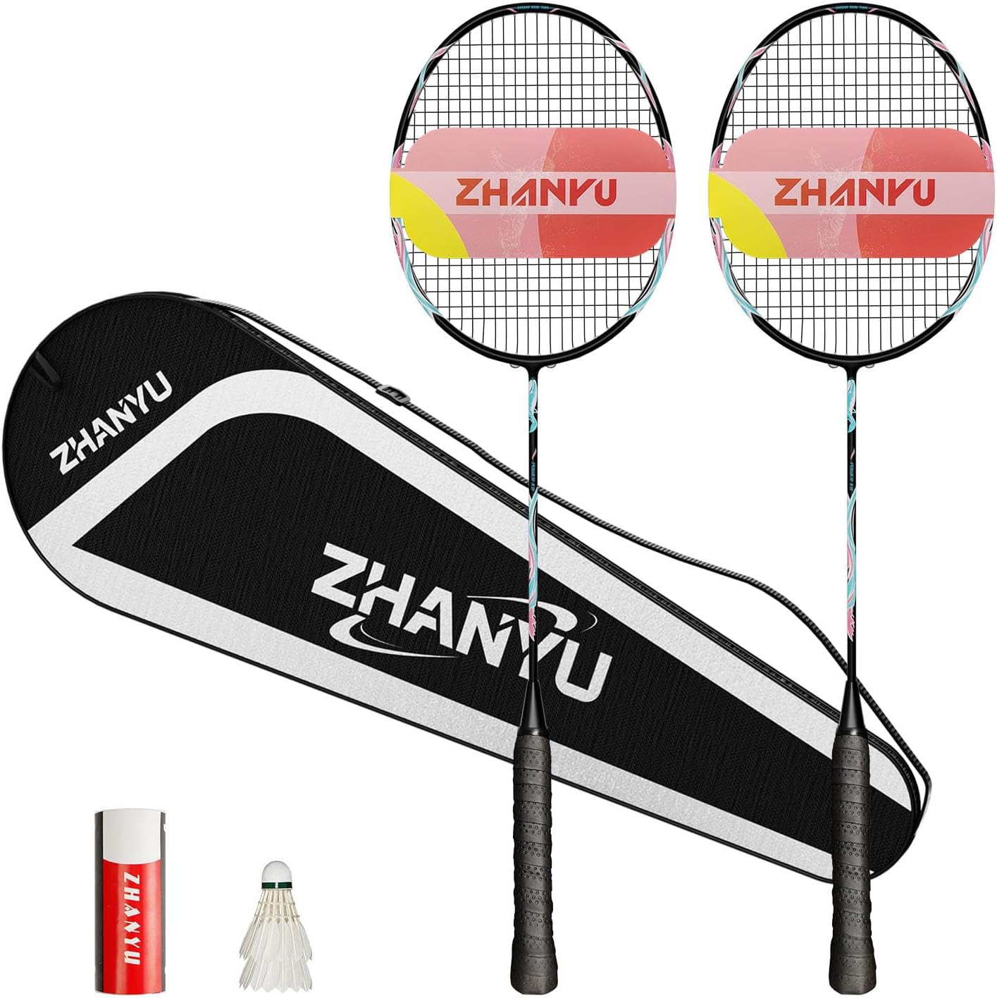 Shuttlecock Racket, Badminton Racket, Lightly Moulded, Durable and Offensive Shuttlecock Set with 82 g Carbon Fibre, Consists of 2 Rockets, 2 Badminton Balls and 1 Bag (FD01)