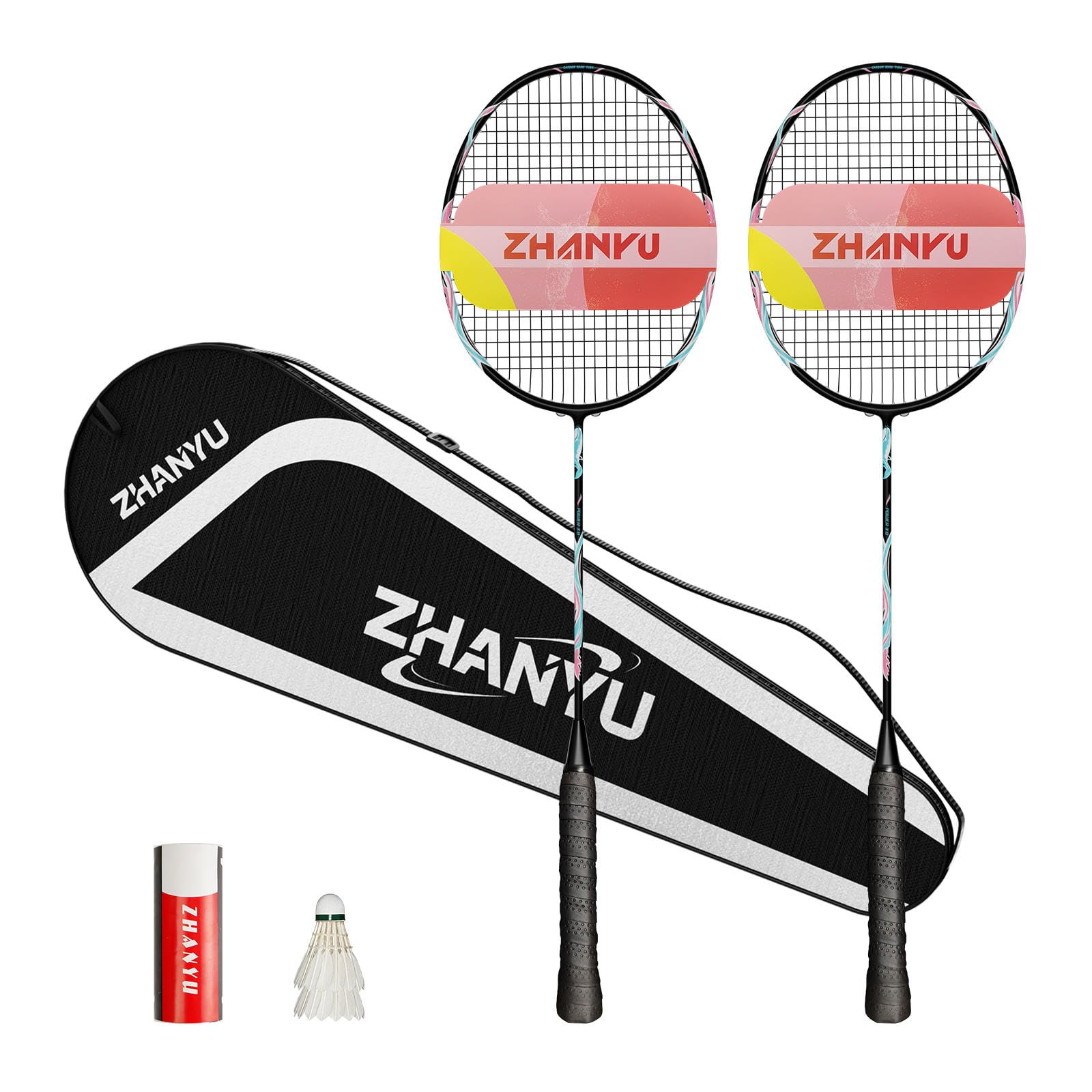 Shuttlecock Racket, Badminton Racket, Lightly Moulded, Durable and Offensive Shuttlecock Set with 82 g Carbon Fibre, Consists of 2 Rockets, 2 Badminton Balls and 1 Bag (FD01)