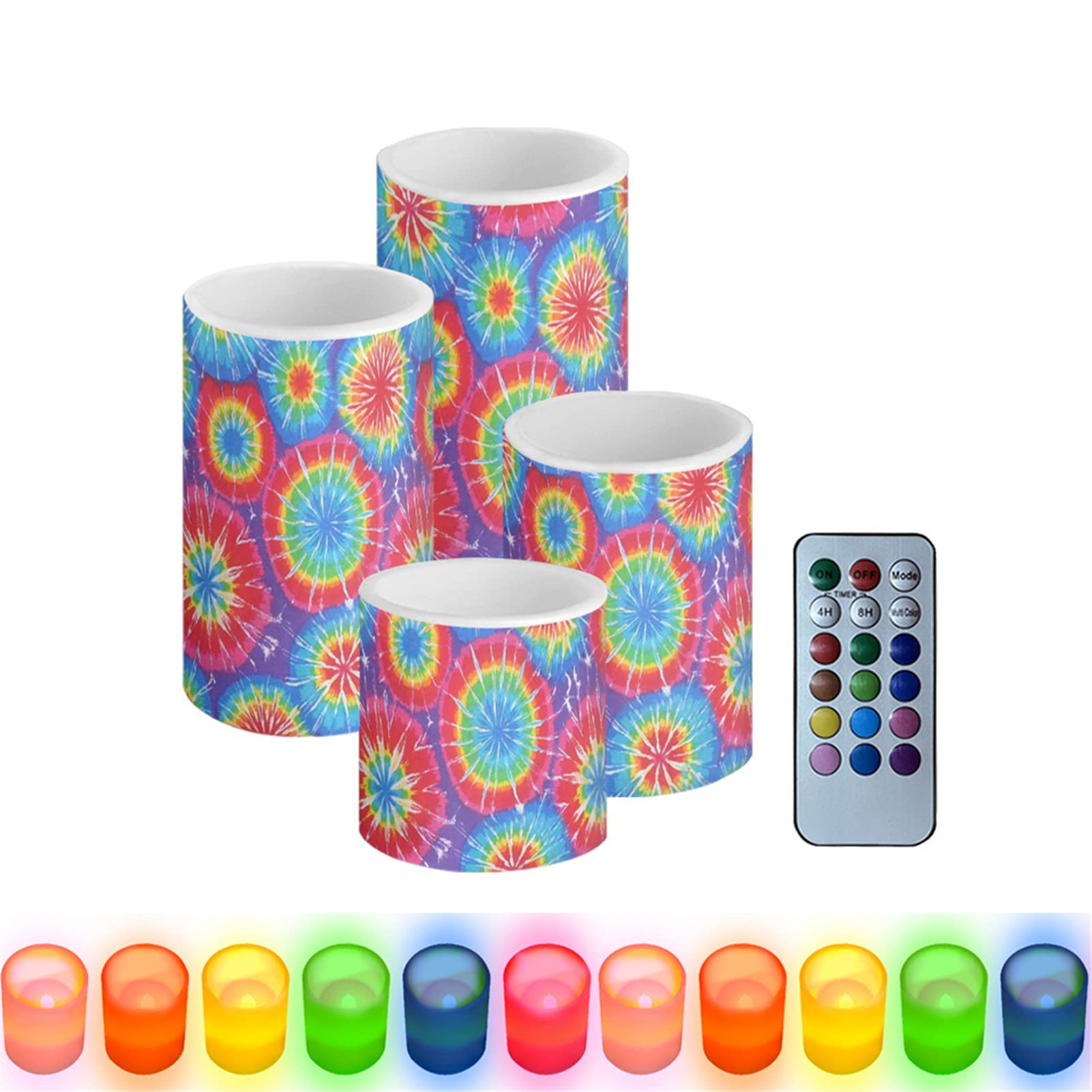 HUGS IDEA Tie-dye - Candele a LED senza fiamma, 300 ore, set di 4, candele con timer remoto [arcobaleno - telecomando]