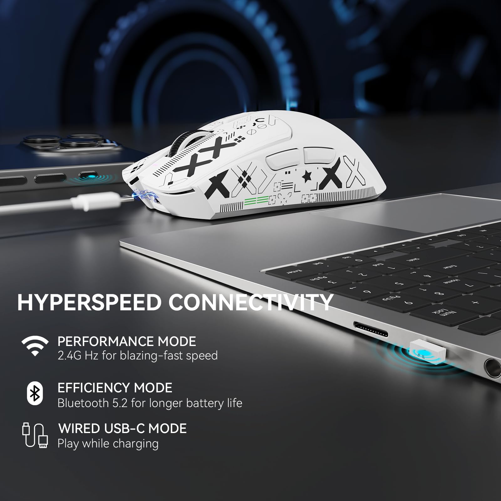MAMBASNAKE x Attack Shark X1 Souris Gaming Légère avec Station de Charge, 49g Ultra-légère, Mice de Office Filaire/sans Fil BT/2,4G avec Grip Tape, Capteur PixArt PAW3395 Pro 40K PPP, PC/Mac - Blanc