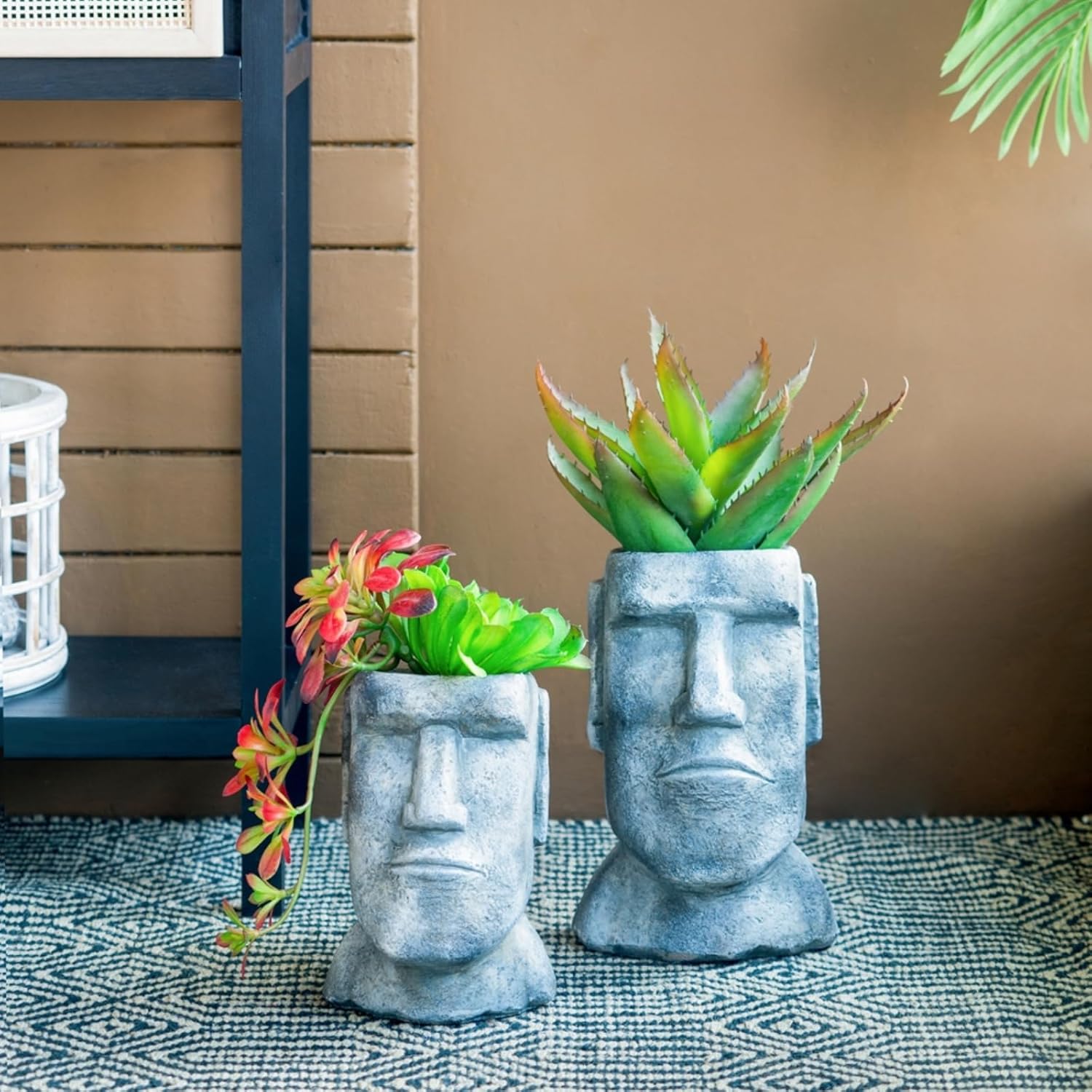 Easter Island Head Statue Cement Planter, Creative Portrait Cement Flower Pot for Tabletop, Unique Planter Pot for Indoor Outdoor Home Garden Décor, 5" D x 5.5" W x 9" H
