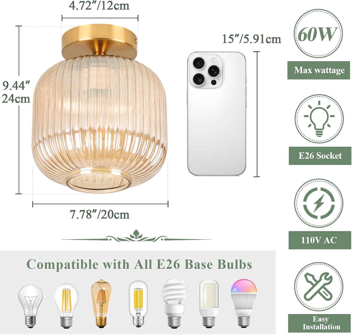 Semi Flush Mount Ceiling Light Fixture, Gold Hallway Lights Fixture E26, Vintage Ceiling Lamp with Amber Shade Glass,Farmhouse Light for Bathroom Entryway Laundry Room, Bulbs not Included