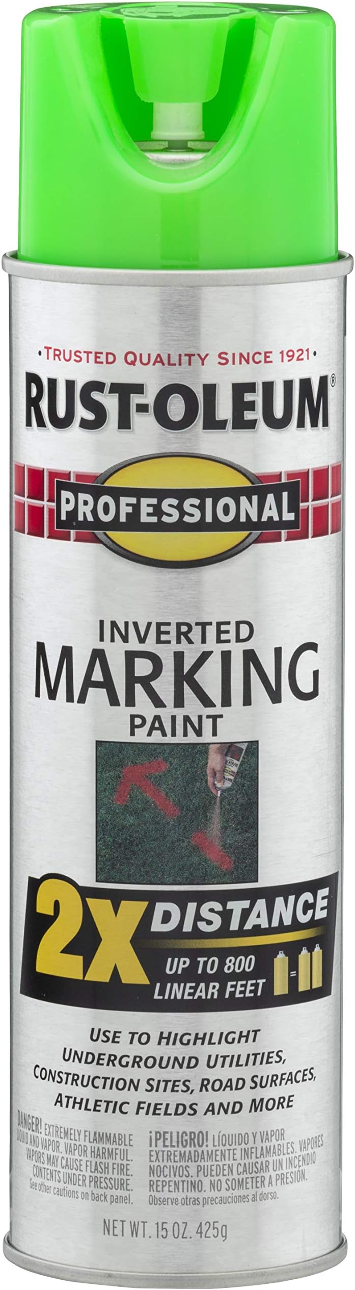 Rust-Oleum 266574 Professional 2X Distance Inverted Marking Spray Paint, 15 oz, Fluorescent Green