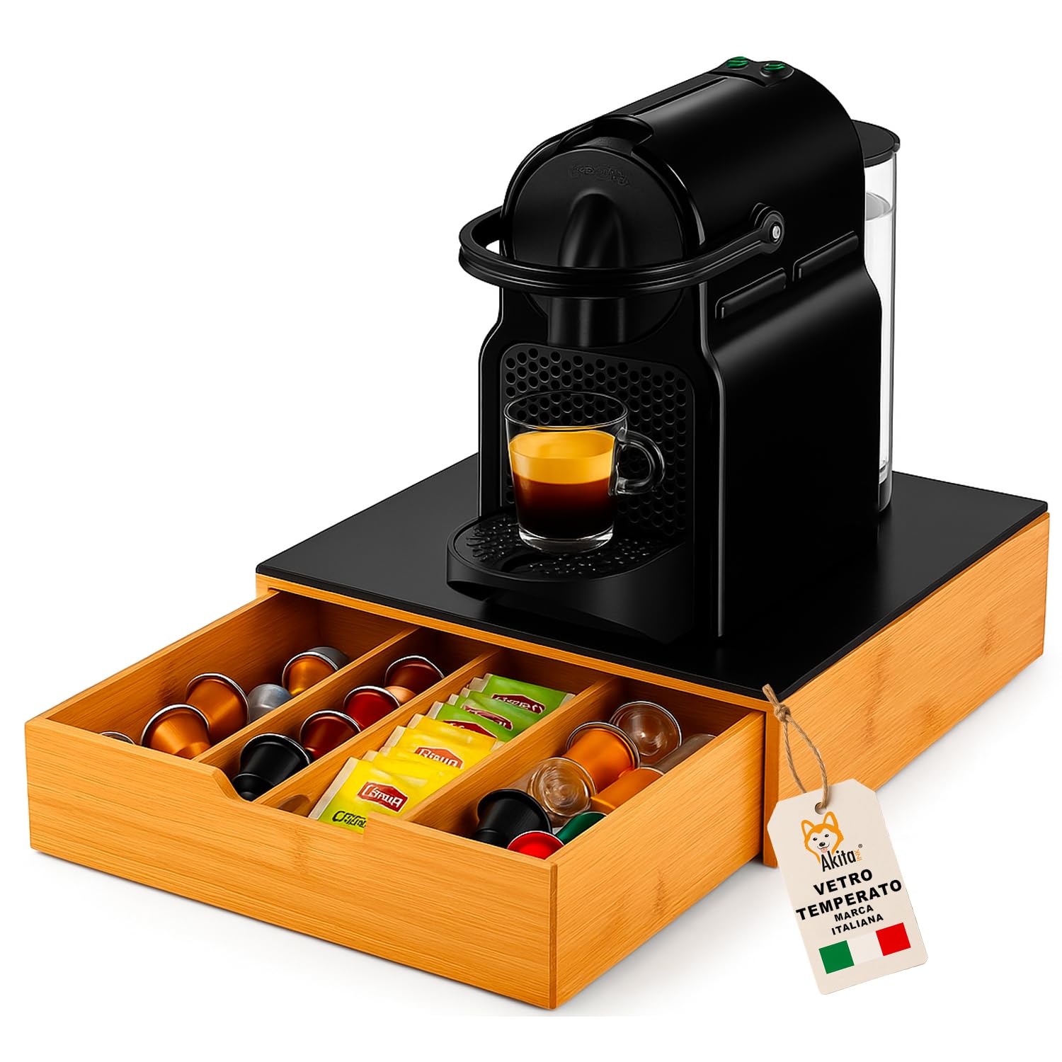 AKITAInk Porta Cialde in Bambù con Cassetto e Ripiano in Vetro - Organizer per Capsule, Cialde e Tisane - Porta Capsule Caffè, Bustine Tè e Zucchero - Perfetto per Angolo Caffè Casa e Ufficio