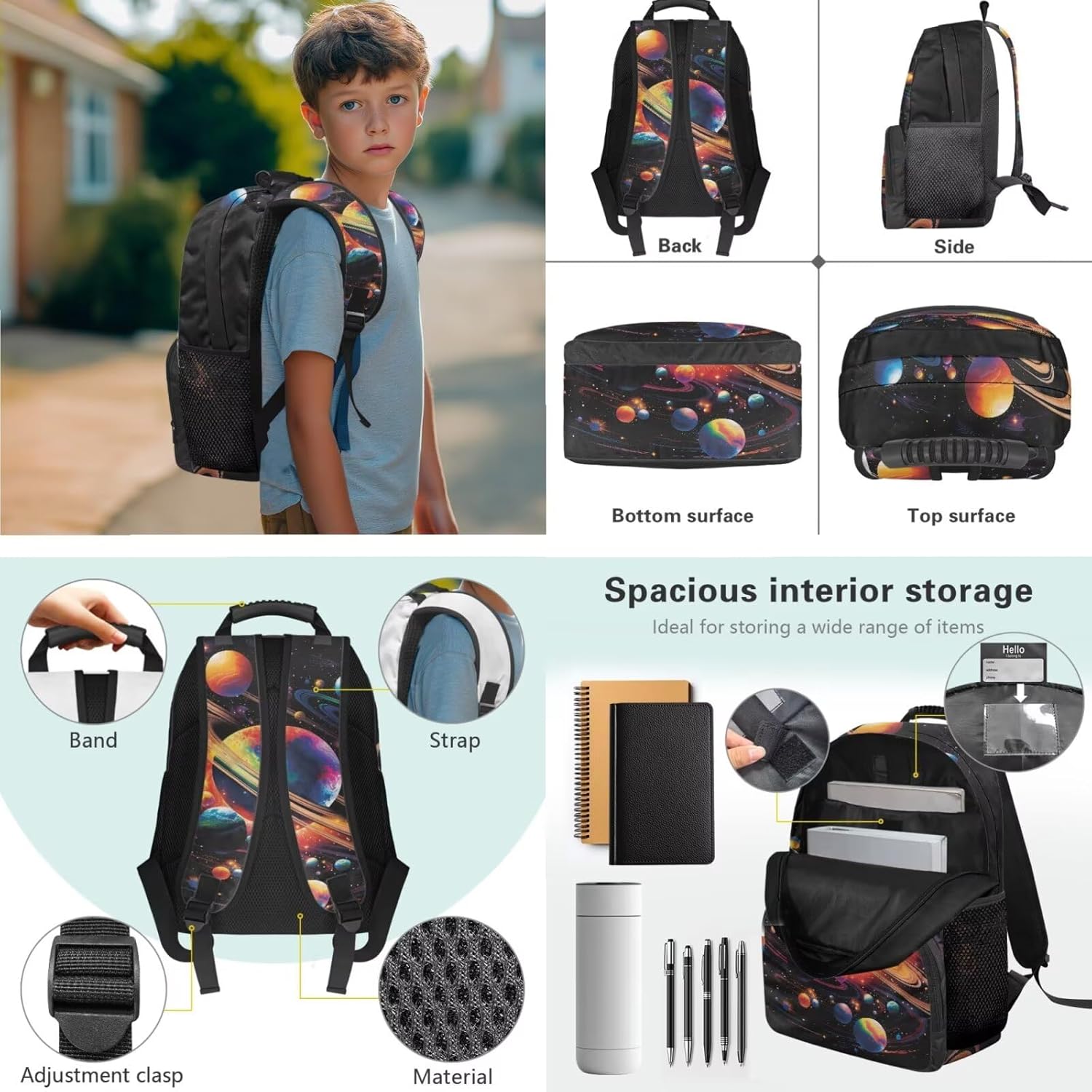 Colorful Planets Backpack for Boys 3 Pieces Kids School Bag with Lunch Bag Large Capacity Boys Bookbag Ages 4-6 for Elementary School Students Knapsack