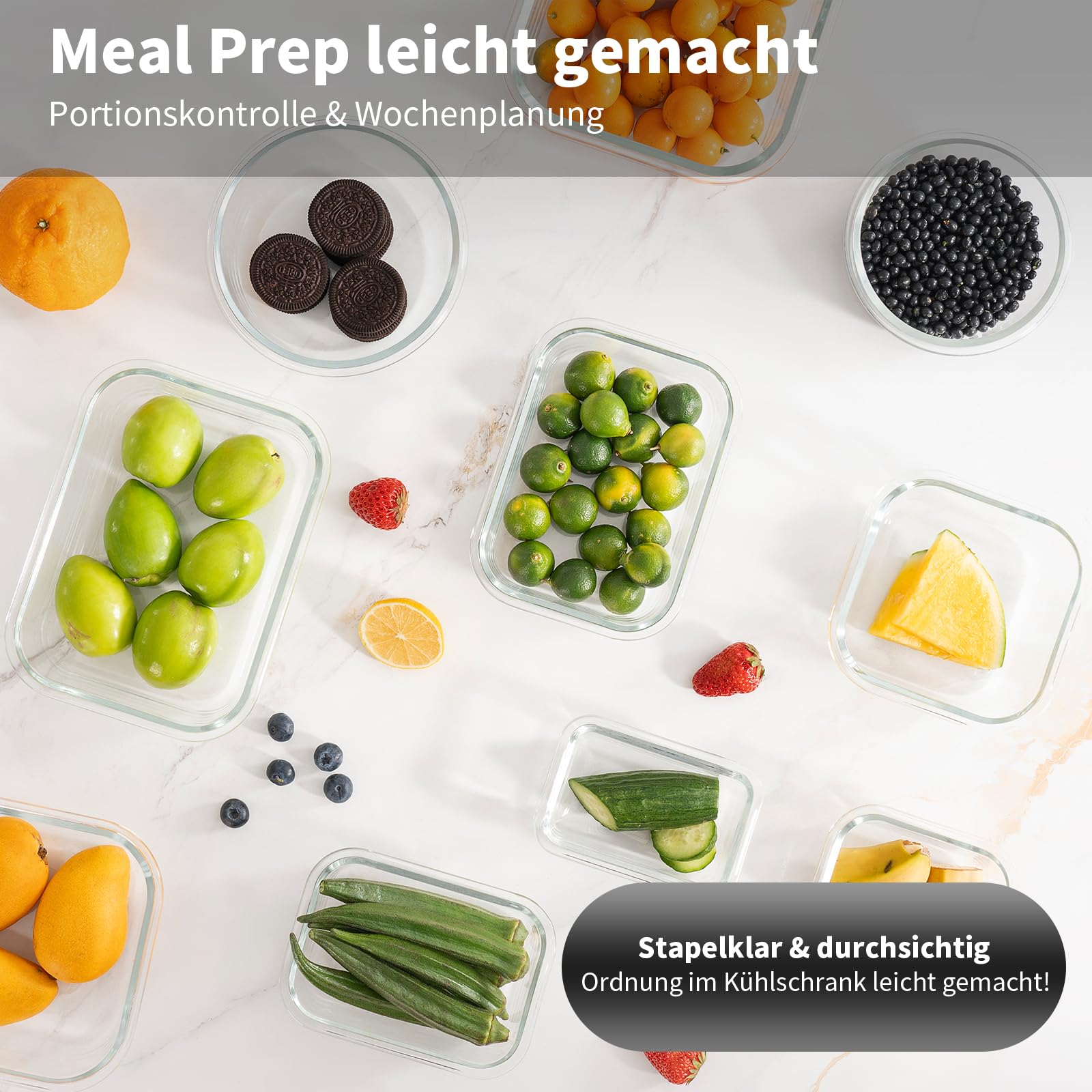 Meal Prep - Juego de 15 recipientes de cristal con tapa a prueba de fugas, para microondas, congelador y lavavajillas, color negro