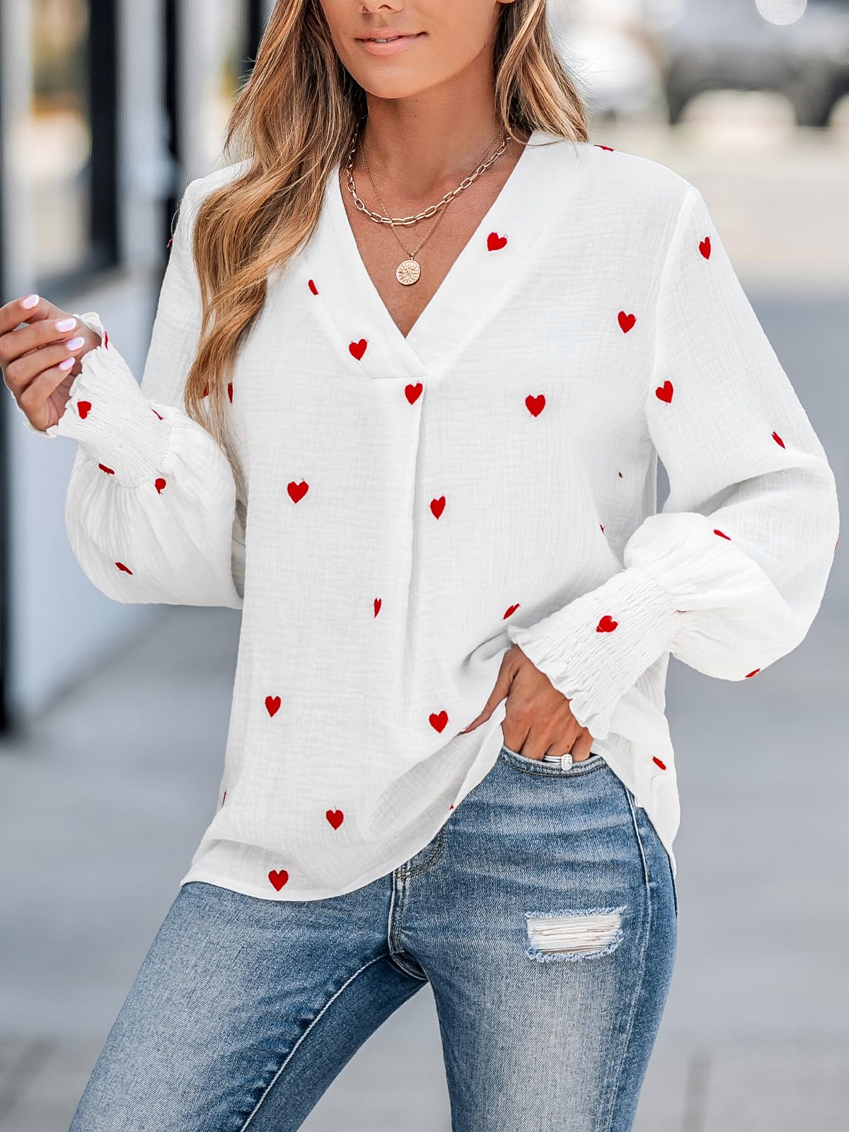 CUPSHE Bluse Damen Elegant Baumwolle Langarm V-Ausschnitt Herz-Stickerei