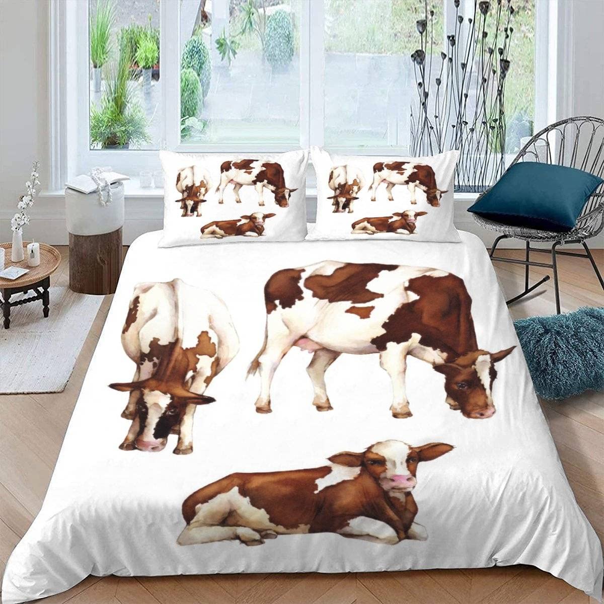 RFFLUX 3D Cows Single Duvet Cover Set 3 Pieces 135x200 Soft Microfiber Farm Animals Cattle Quilt Cover with Zipper Closure Easy Care Bedding Set with 2 Pillowcase for Kids Boys Girls Teens — image 1
