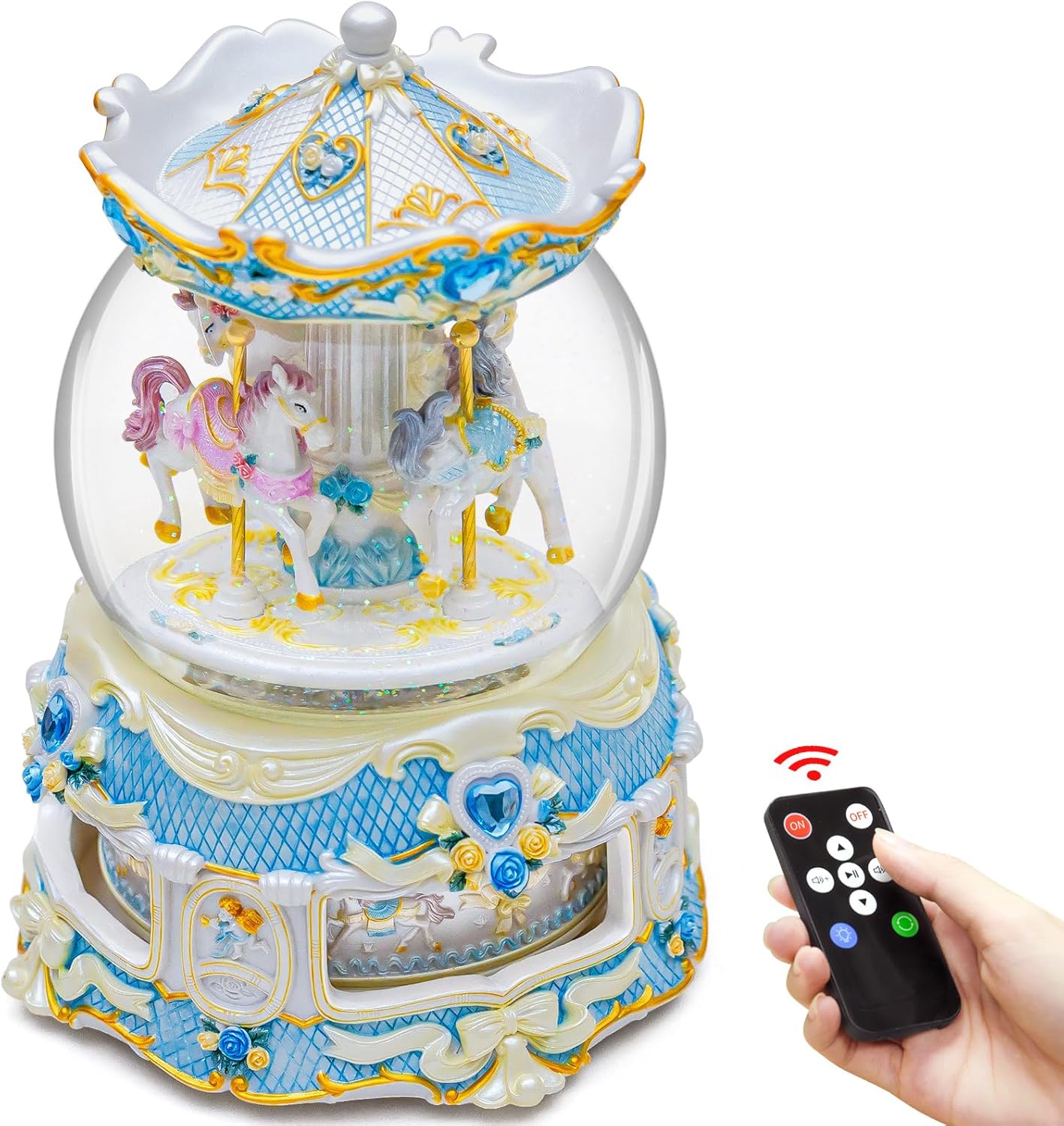 Luxury 10-Inch Carousel Snow Globe Musical, Hand-Painted Remote Control Music Box, Color Lights, for Christmas, Weddings, Birthdays, Holiday Décor for Family, Friends, Plays 64 Melodies