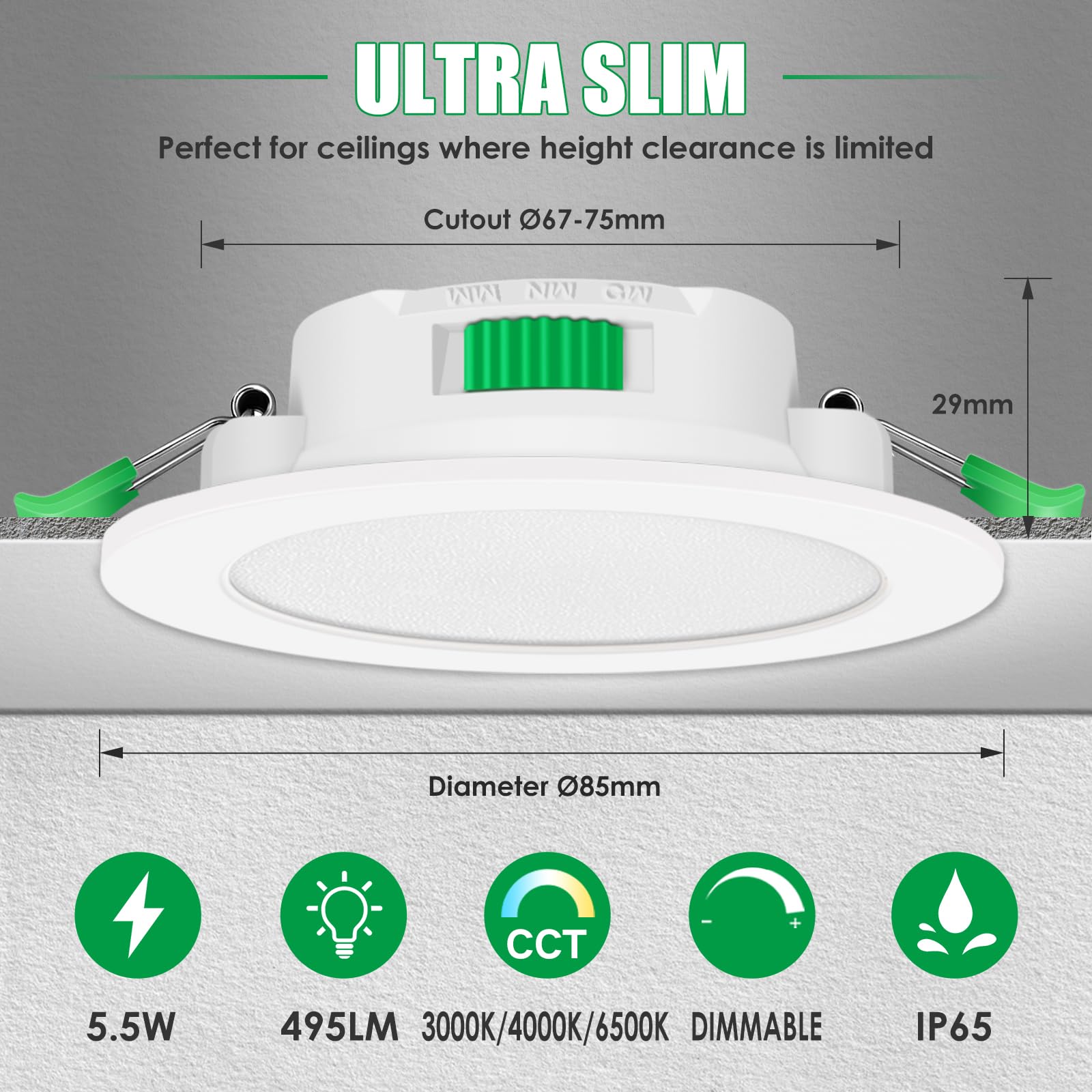 ALUSSO Spot Led Encastrable Dimmable 230V 5.5W Blanc Chaud 3000K Blanc Neutre 4000K Blanc Froid 6500K Réglable IP65 Plafonnier Encastré pour salle de bain, salon, Lot de 10,Blanc